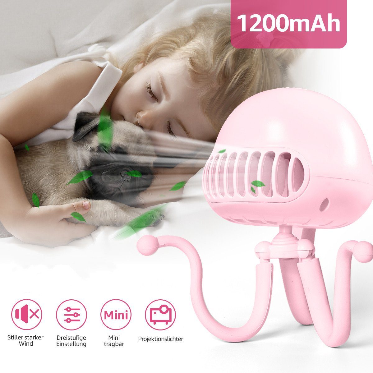 7Magic Mini USB-Ventilator, Folding Micro aufladbar Jellyfish Mini-Ventilator Rosa