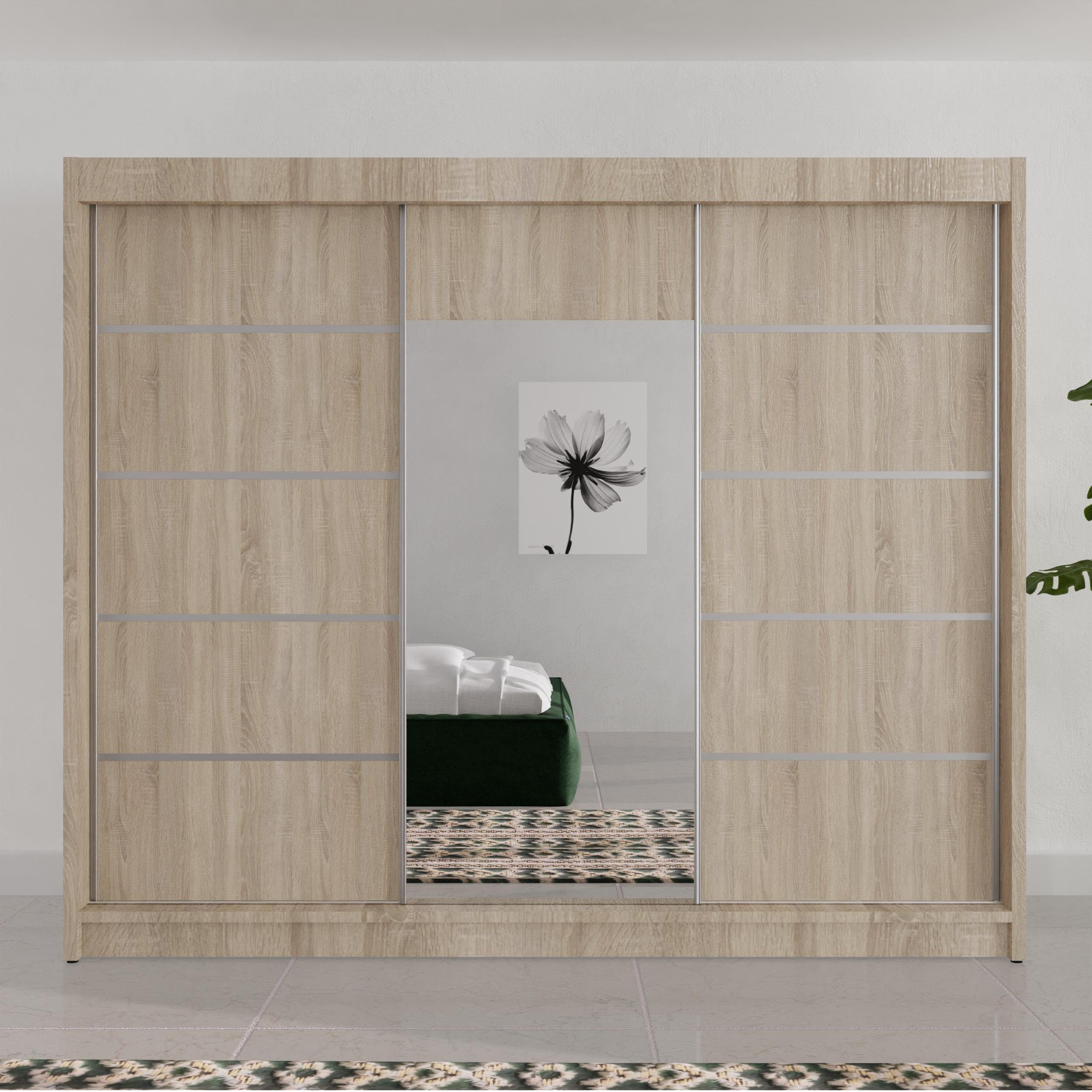 breit) Monika Schrank Schubladen inkl. dekorative mit an Sprossen 4 Spiegel, den cm Türfronten, Sonoma Beautysofa (3-türig Schiebetürenschrank 200
