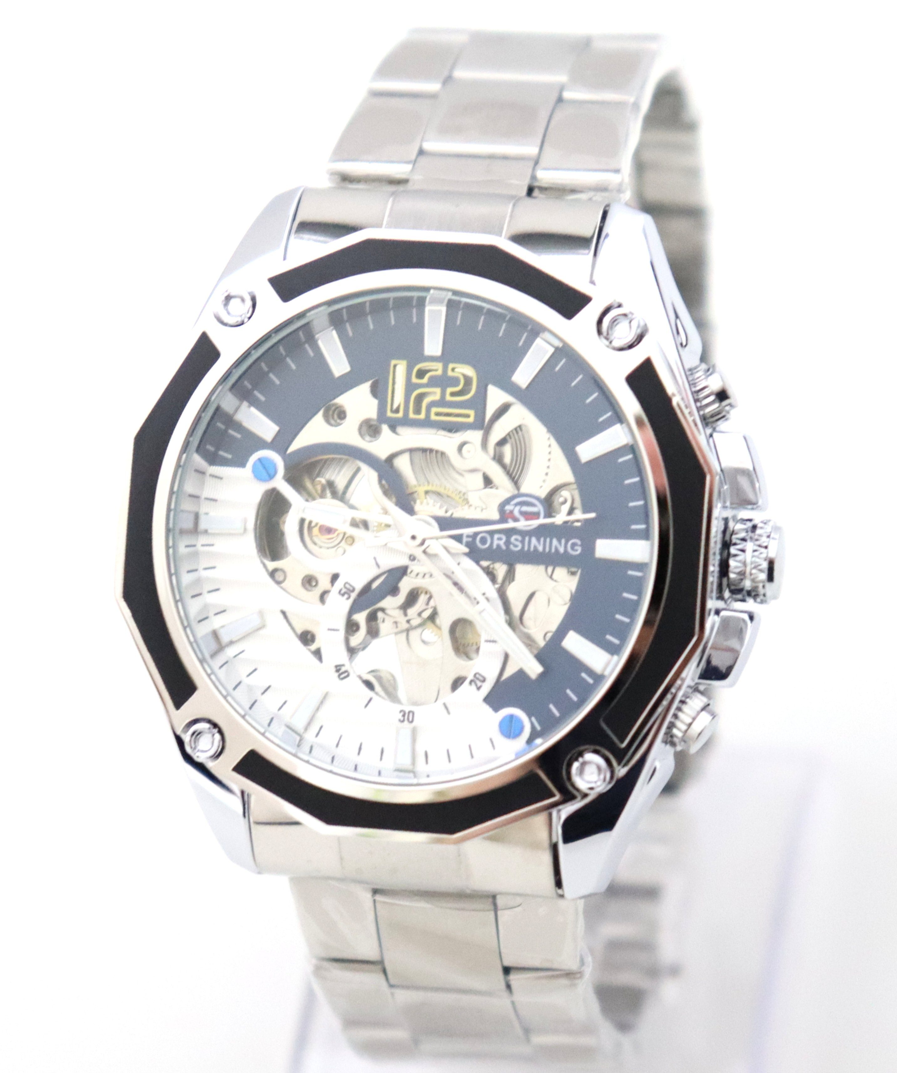 Rötting Design Automatikuhr Herrenuhr Armbanduhr Marke Forsining Skelett blau weißes Ziffernblatt, Edelstahl, Skelett Ziffernblatt – Bild 4 von 5