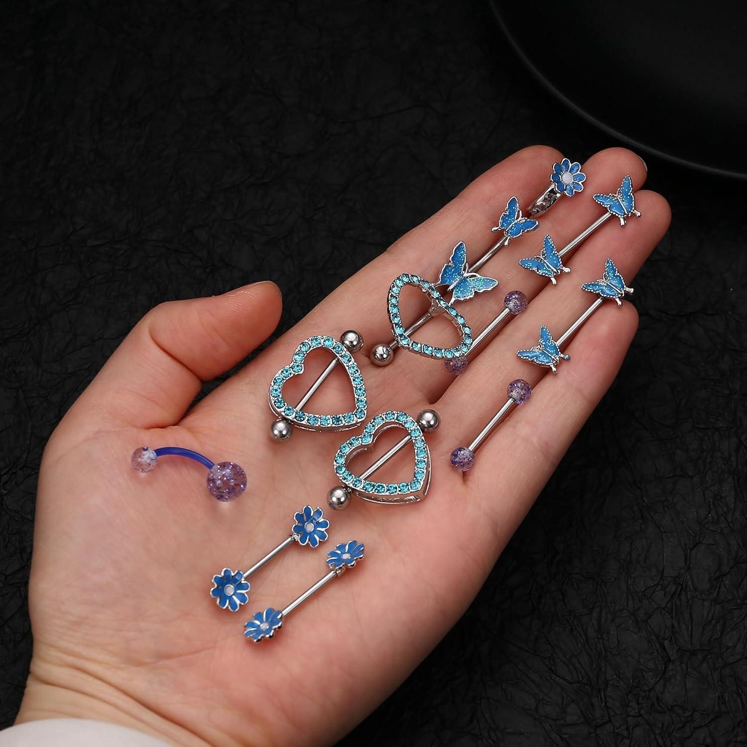 Kakonia Piercing-Set Nippelpiercing und Bauchnabelpiercing Set 14G Chirurgenstahl Frauen