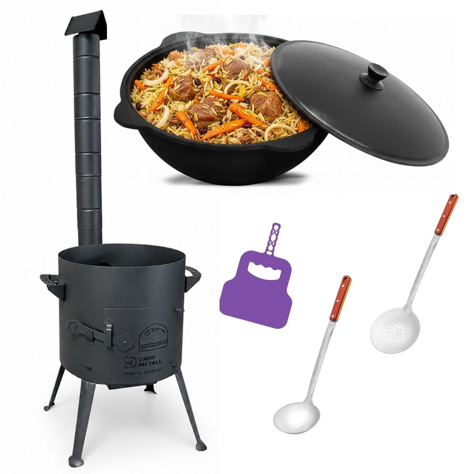 4BIG.fun Feuerstelle Ø36 Uchag Utschak mit Abzugsrohr 10L Kazan Kasan, (2mm stahl Utschag Uchak Kasan Учаг Казан Außenküche Eintopfofen), Grillfächer Schaumkelle Suppenkelle