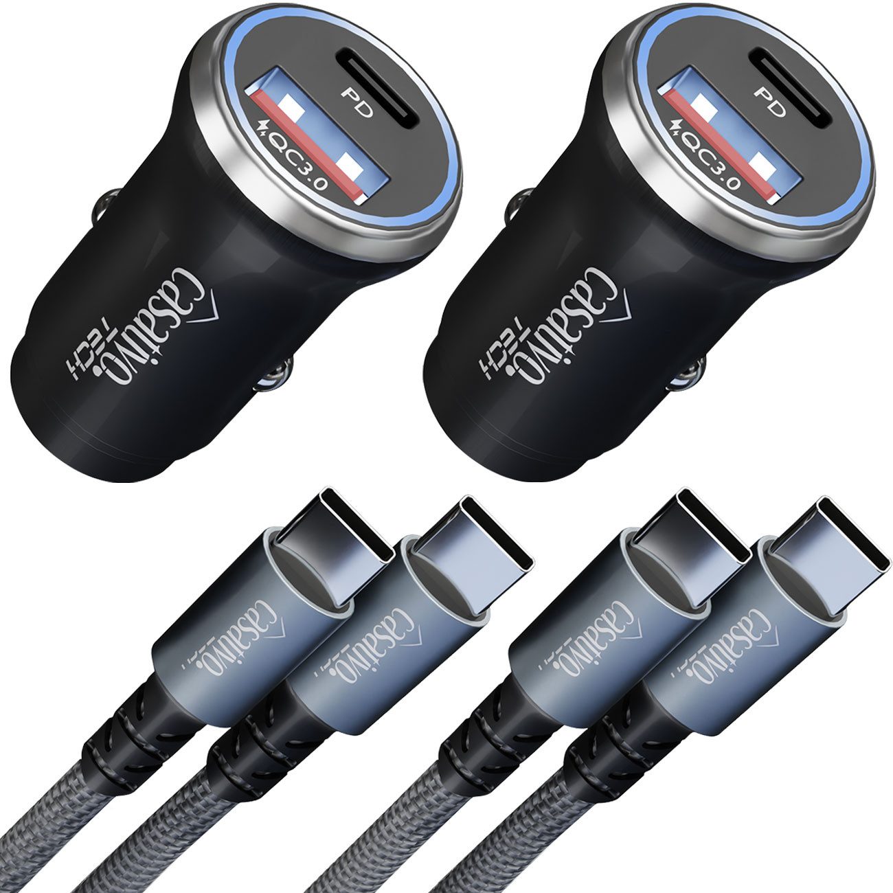 Casativo 54W Kfz-USB-Netzteil 12V Schnellladestecker 2-fach USB-Splitter KFZ-Netzteil (12/24 V kompatibel, USB-C PD & USB-A QC, 1er-/2er-Set)