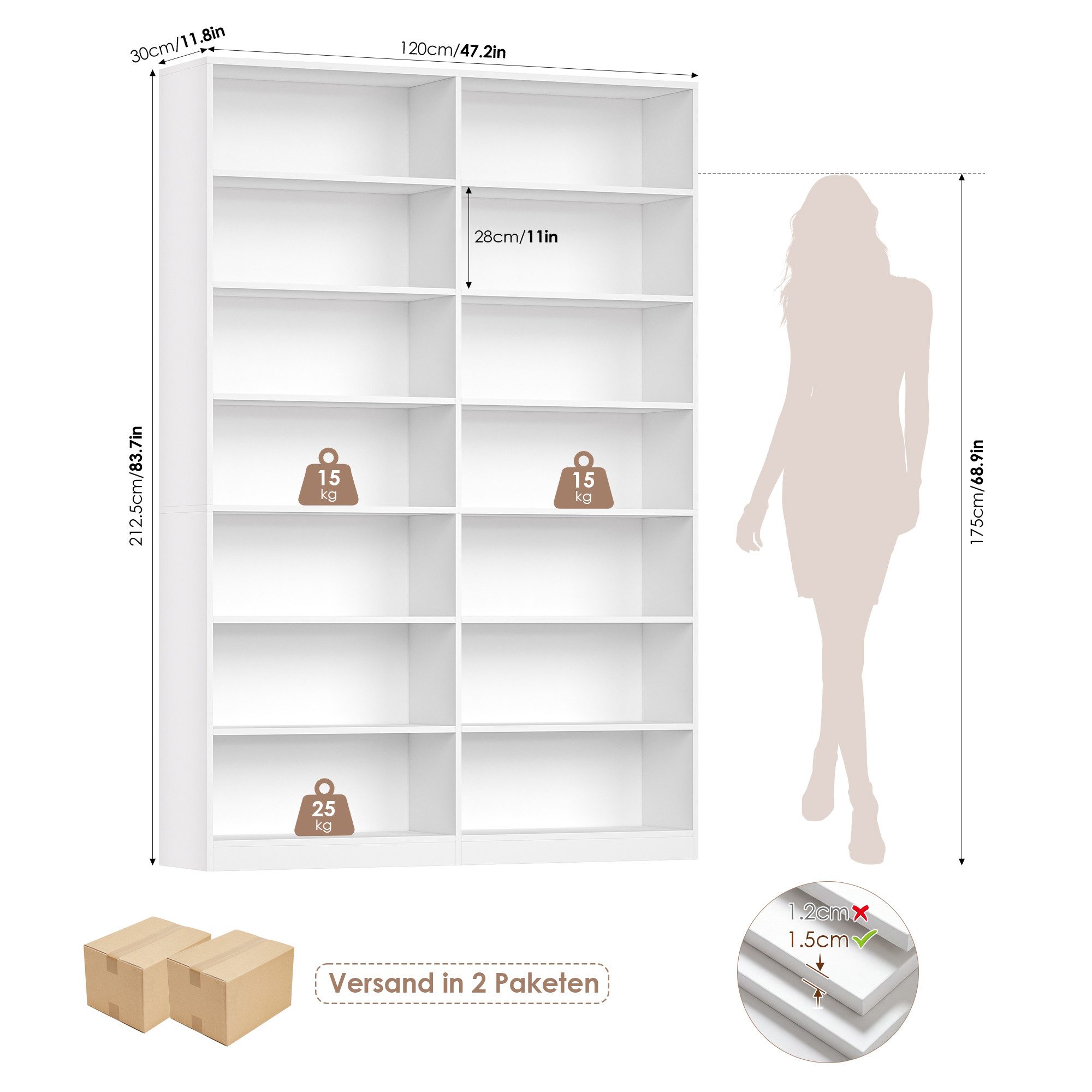 Homfa Bücherregal 212 cm hoch Standregal Bücherschrank Regal, mit 14 Fächern Raumteiler Aufbewahrungsregal 116x28,5x212 weiß