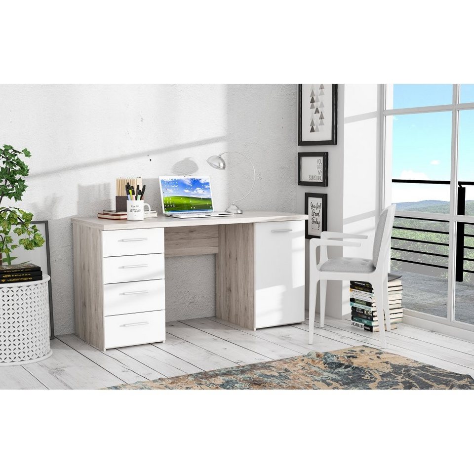 Forte Möbel Schreibtisch Schreibtisch Arbeitstisch Bürotisch PC - Tisch  Beach Sandeiche Dekor / Weiß 145 cm