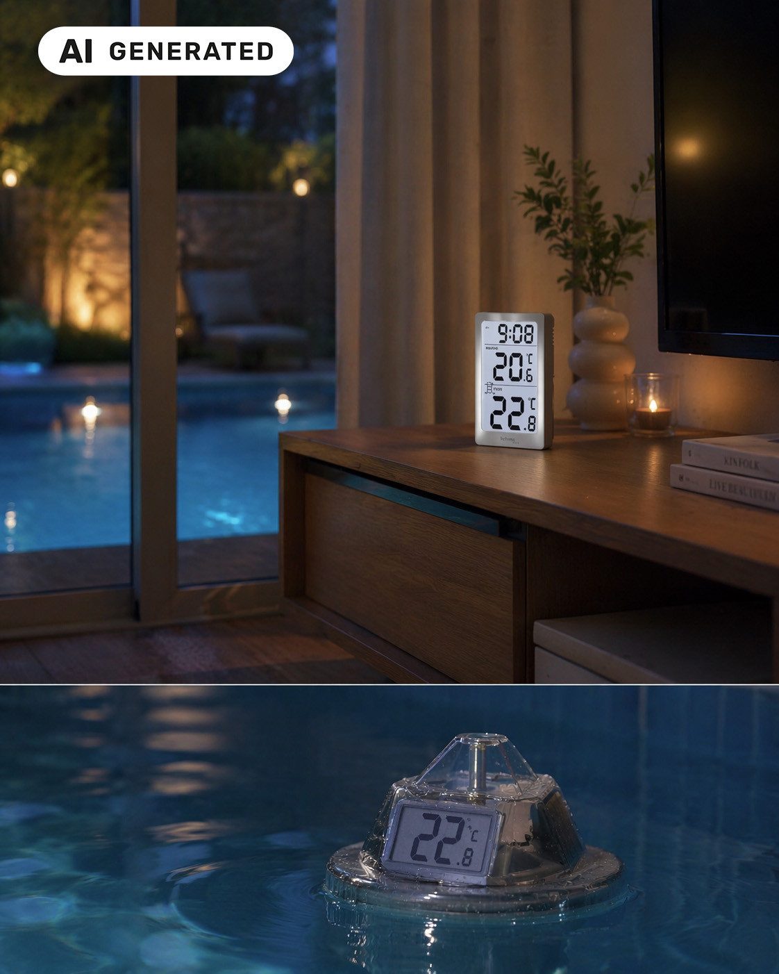technoline Schwimmthermometer WS 9079, Digitales Poolthermometer mit Innenstation