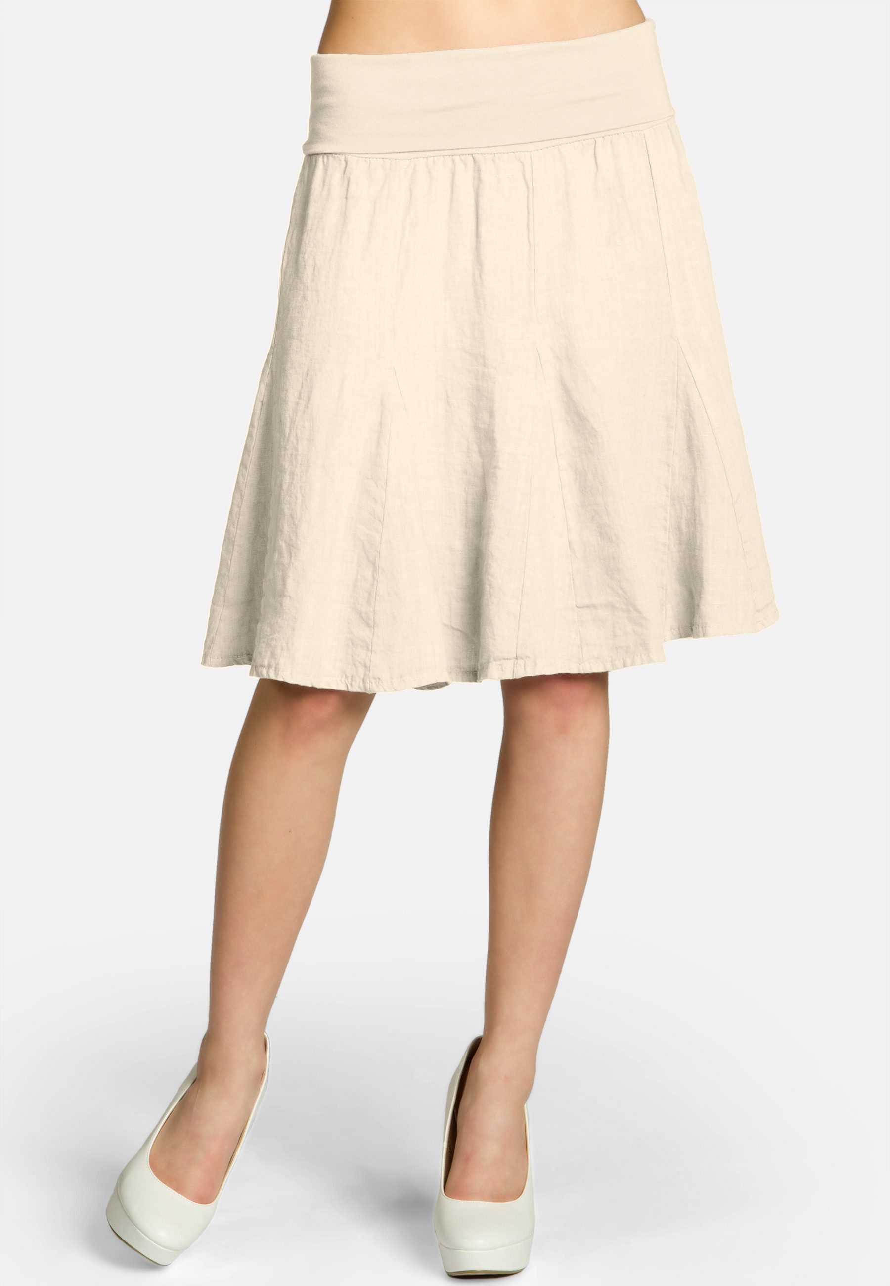 Caspar Faltenrock RO014 Damen Midi Leinenrock knielang mit figurfreundlichem Stretch Bund - Made in Italy