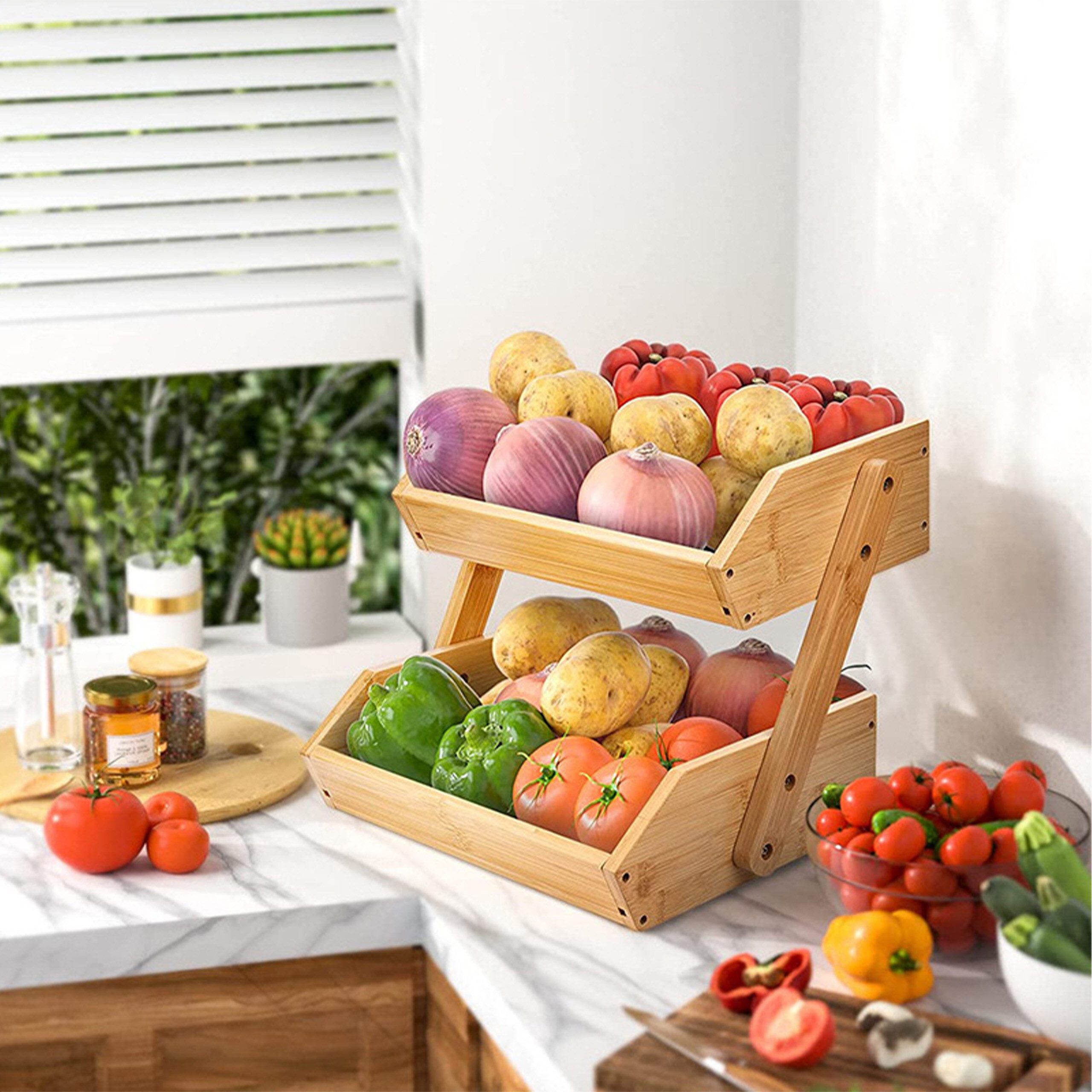 relaxdays Obstschale Obst Etagere Bambus 2 Etagen, Bambus