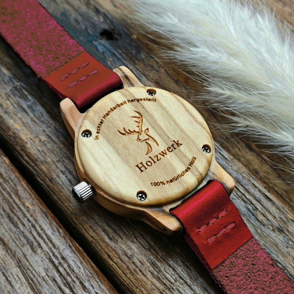 CLARA dunkel Holzwerk beige Holz RED rot, Armband & Leder Uhr, Damen kleine Quarzuhr
