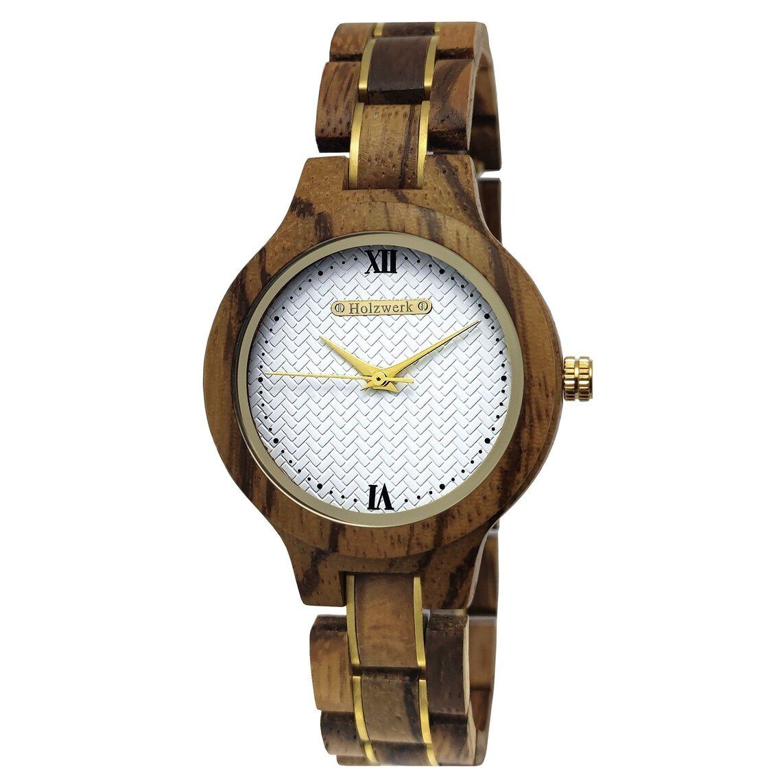 Quarzuhr Uhr Armband Damen kleine ARNIS gold braun, in & Holz weiß Holzwerk Walnuss