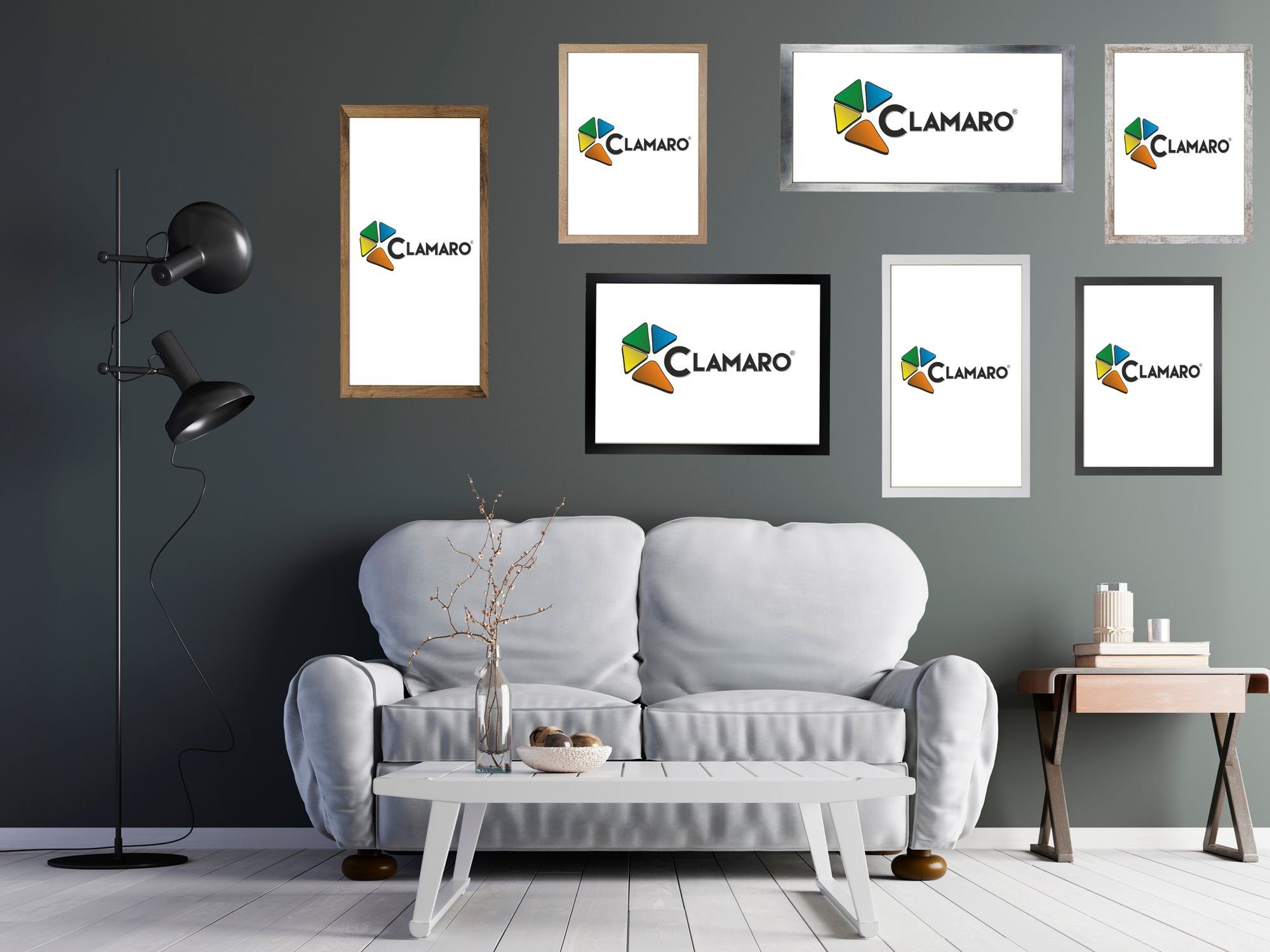 Maß handgefertigt eckiger CLAMARO FSC® inkl. 44x84 Rückwand Holz Moderner stahlgrau Aufhänger und MDF Acrylglas, Bilderrahmen 'Collage' in Rahmen nach Clamaro Bilderrahmen