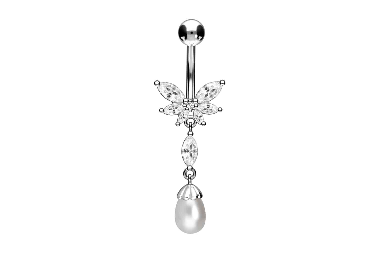 PIERCINGLINE Bauchnabelpiercing Chirurgenstahl Bananabell SCHMETTERLING + SYNTHETISCHE PERLE (Bananabells, 1-tlg)