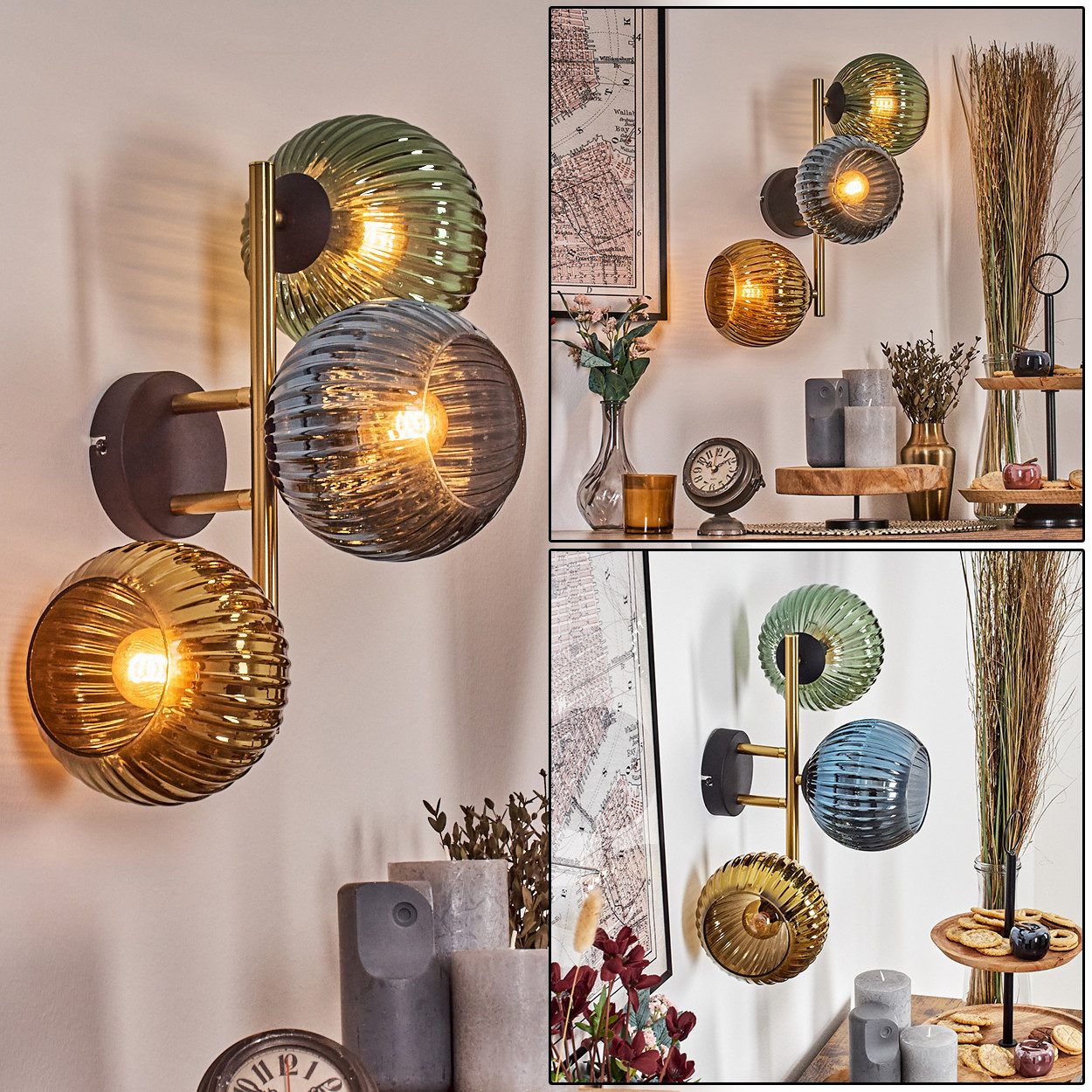hofstein Wandleuchte Wandlampe aus Metall/Riffelgllas in Schwarz/Goldfarben/Blau/Grün, moderne Leuchte im Retro/Vintage-Design (Schirme Ø 15 cm), E14