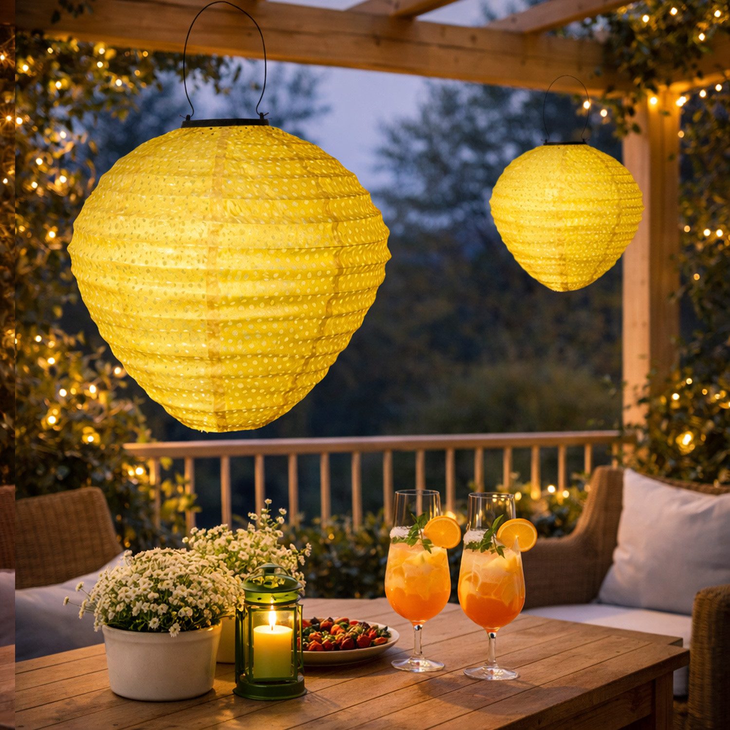MARELIDA LED Lampion Solar Gartenlampion Ballon Blumenmuster gelb D:30cm Balkon 2er Set, LED Classic, warmweiß (2100K bis 3000K)