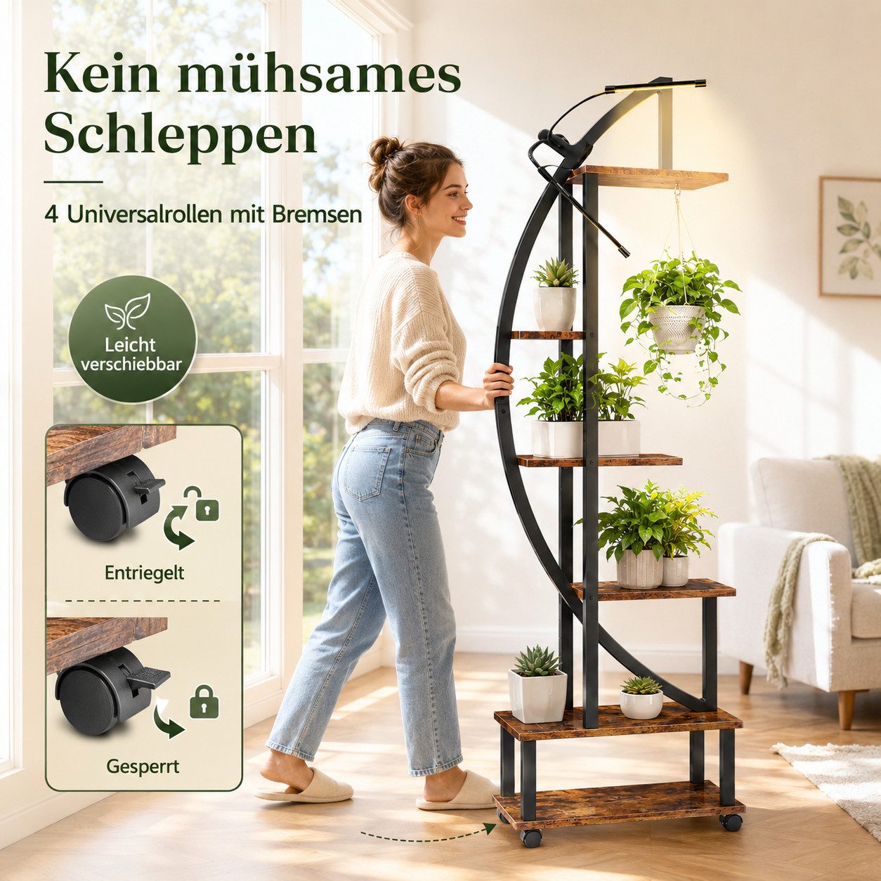 Rosnek Pflanzentreppe Pflanzenständer mit 6 Etagen, Metall, mit Licht, Halbmondform, 2er-Set, Mehrzweck-Pflanzenständer für Heimdekoration, Balkon, Terrasse, Garten