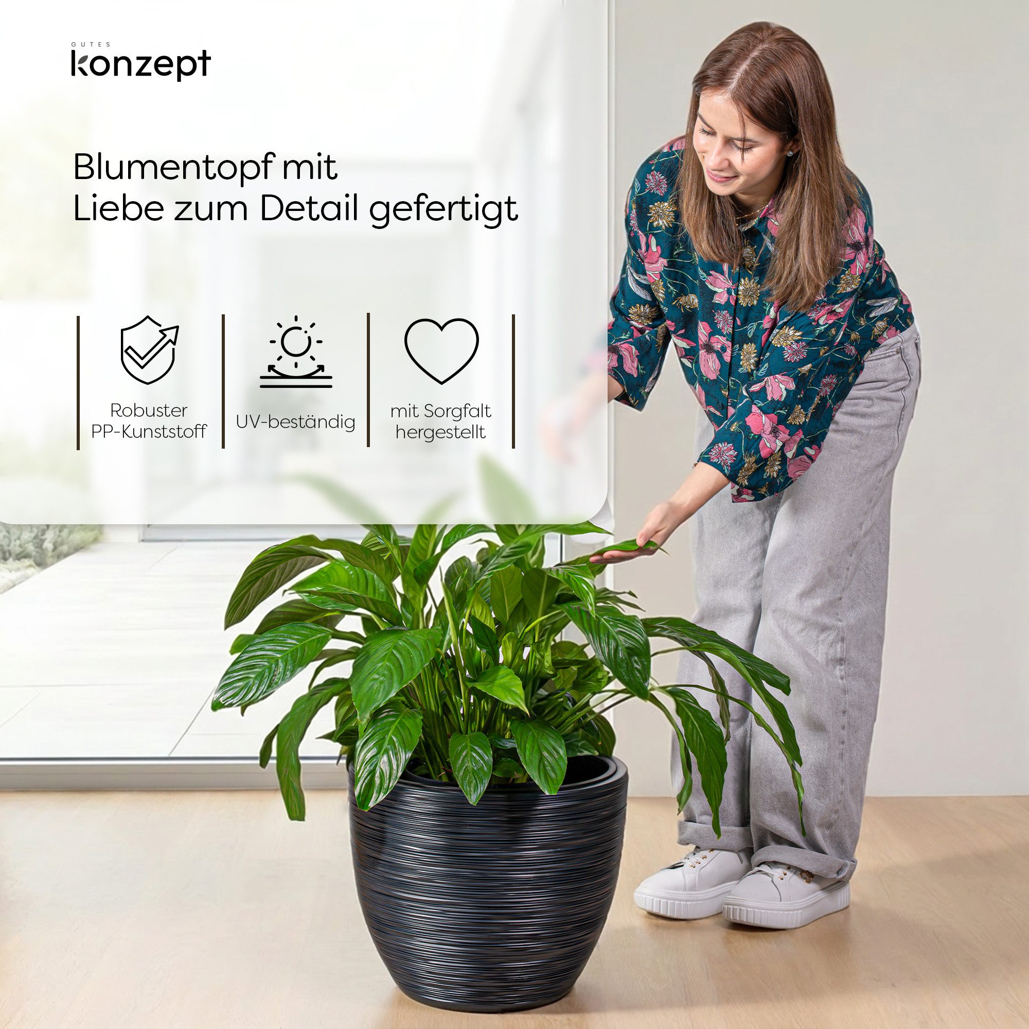 KONZEPT Blumentopf 39 cm Durchmesser aus Kunststoff mit Einsatz, Meißelstruktur, Drainage optional, Herausnehmbarer Pflanzeinsatz, Indoor, Outdoor
