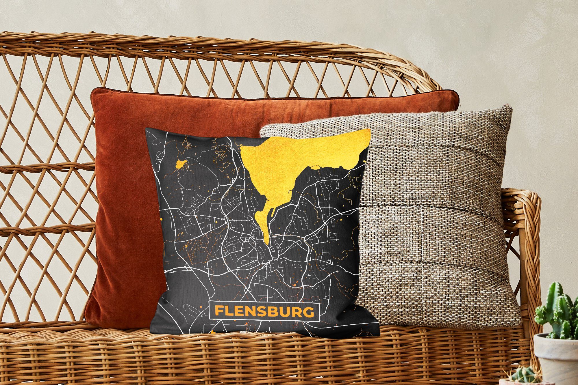 Füllung - Deko, Schlafzimmer, Deutschland, Flensburg Gold Zierkissen Karte Sofakissen Stadtplan MuchoWow mit - - Dekokissen Wohzimmer, - für