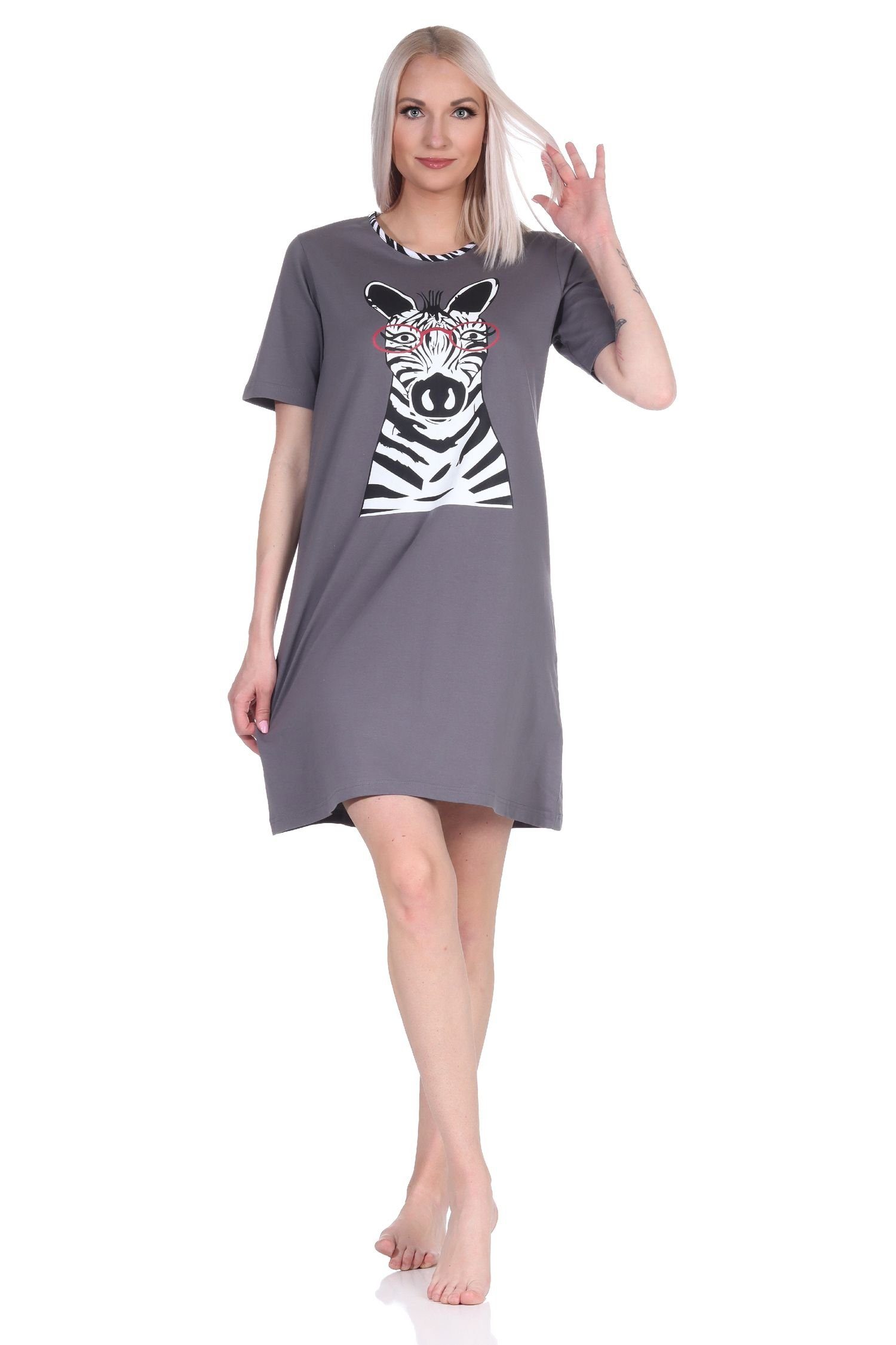 Normann Nachthemd Süsses Damen kurzarm Nachthemd in auch grau Übergrössen mit Tiermotiv 