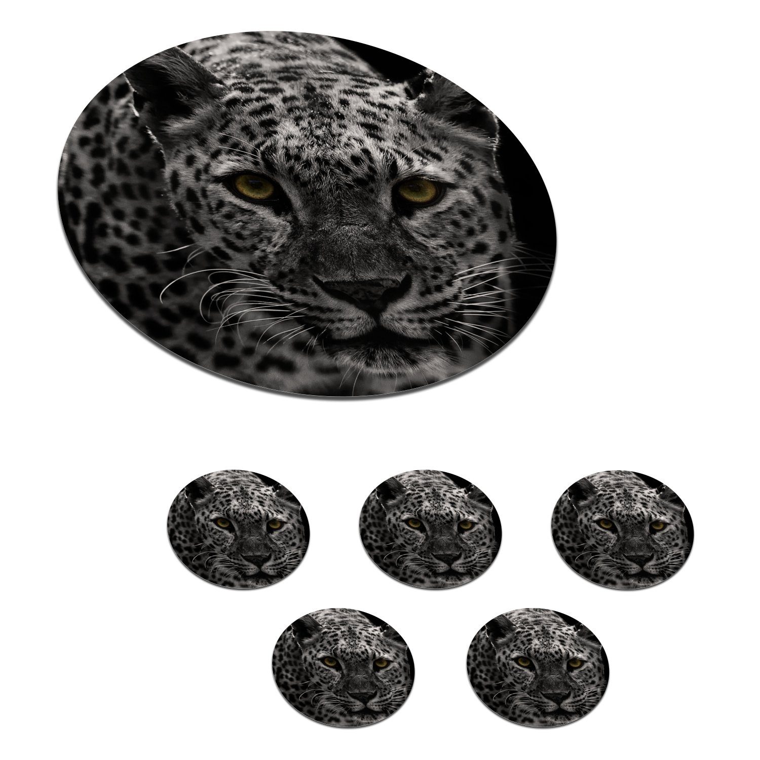 MuchoWow Glasuntersetzer Leopard - Schwarz - Weiß, Zubehör für Gläser, 6-tlg., Getränkeuntersetzer, Tassenuntersetzer, Korkuntersetzer, Tasse, Becher