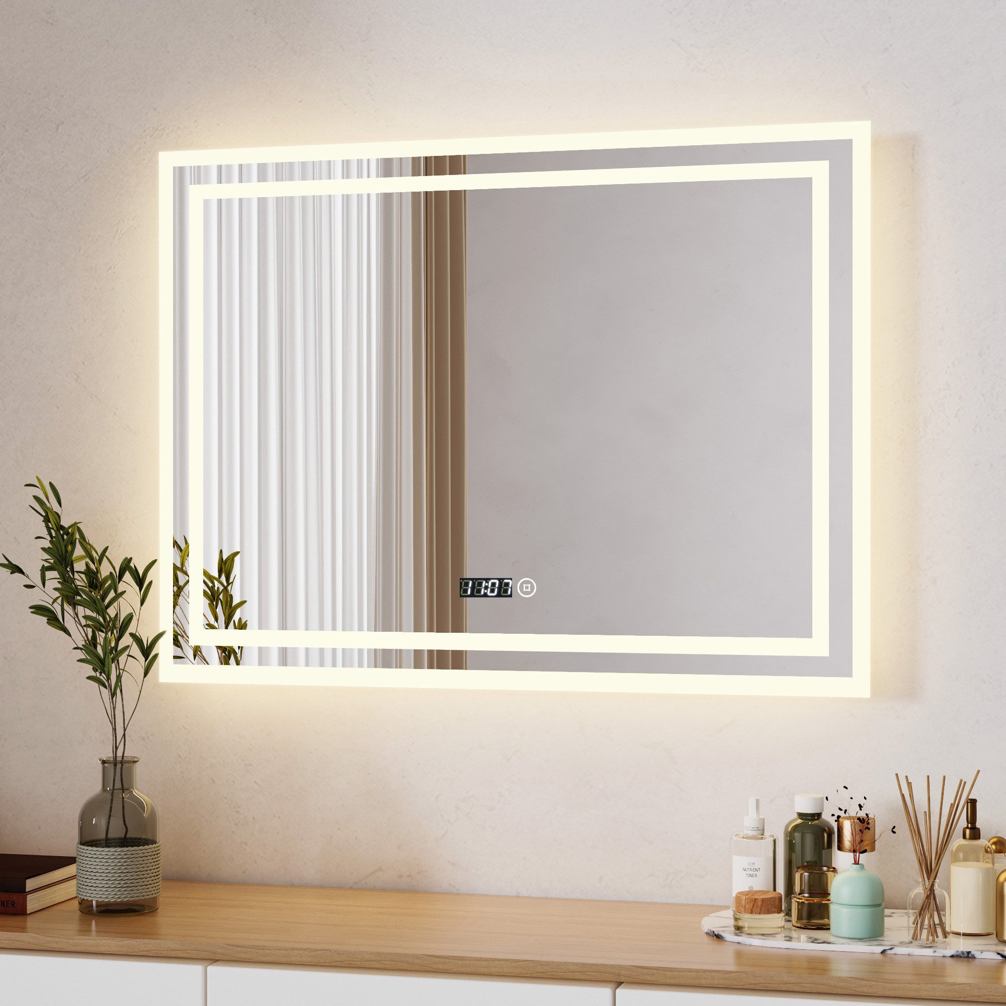 Schminkspiegel 80 x 60 cm Badspiegel mit Beleuchtung und Uhr
