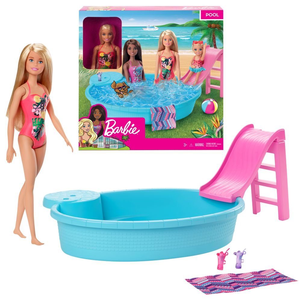 Barbie Anziehpuppe Pool mit Rutsche & Puppe Barbie Mattel Spiel-Set & Accessoires