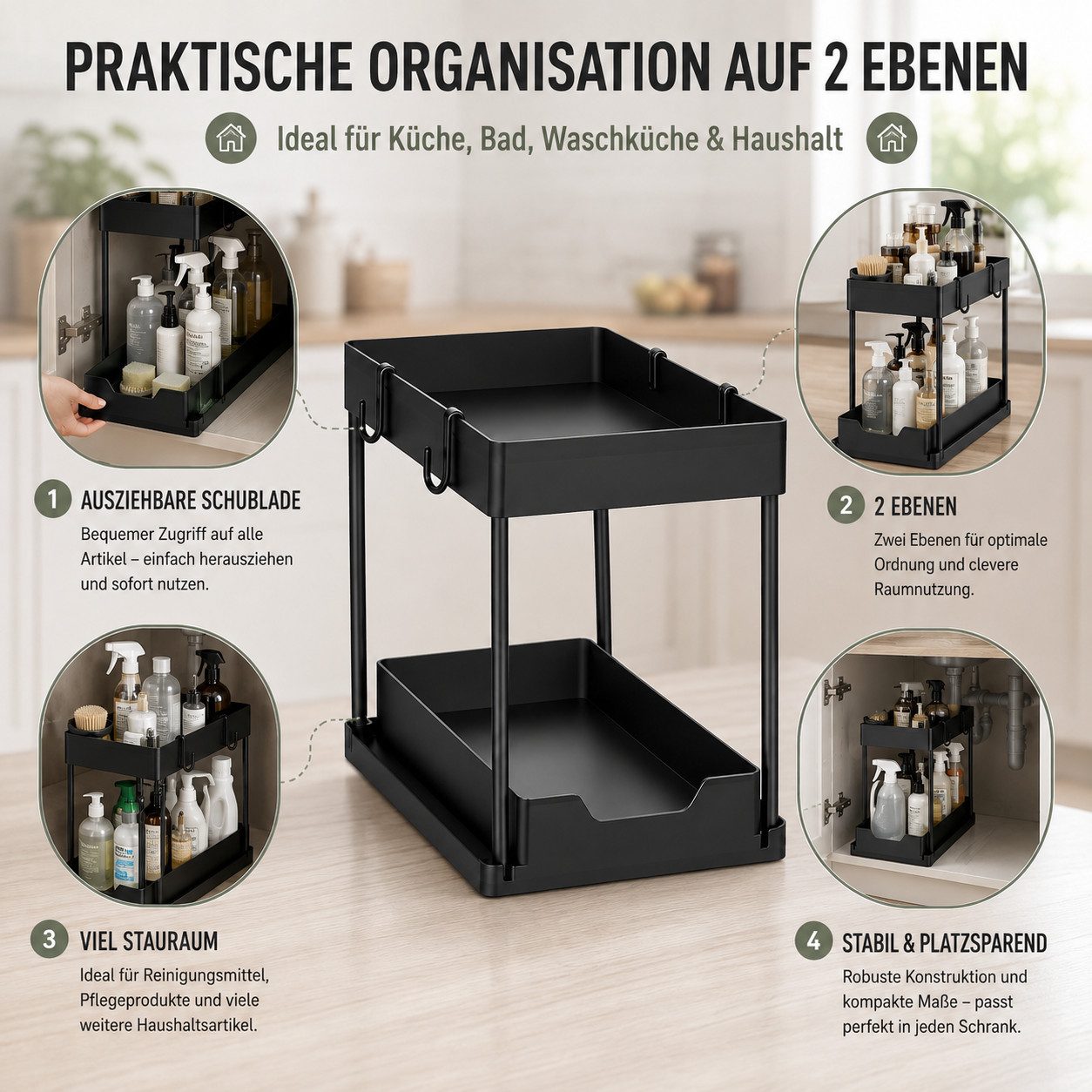Best for Home Küchenorganizer-Set Küchen Organizer 2er-Set mit ausziehbarer Schublade Schwarz für Küche, (2-teilig, 2-tlg., 2er-Set, ca. 38×20×33 cm pro Einheit – Bild 5 von 5