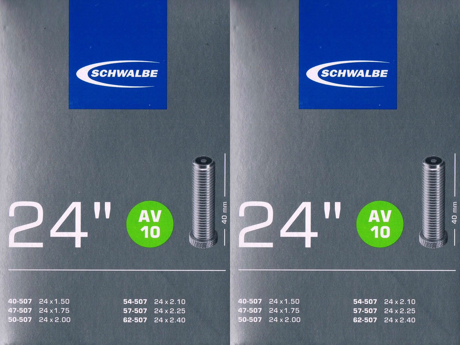 Schwalbe Fahrradschlauch 2x Schwalbe AV 10 Schlauch 24" 507 AV10 Autoventil 24 Zoll, 1,50, 2,00, 2,10, 2,30, 2,20, 2,35, 2,40, 2,25, 2,15, (2-St)