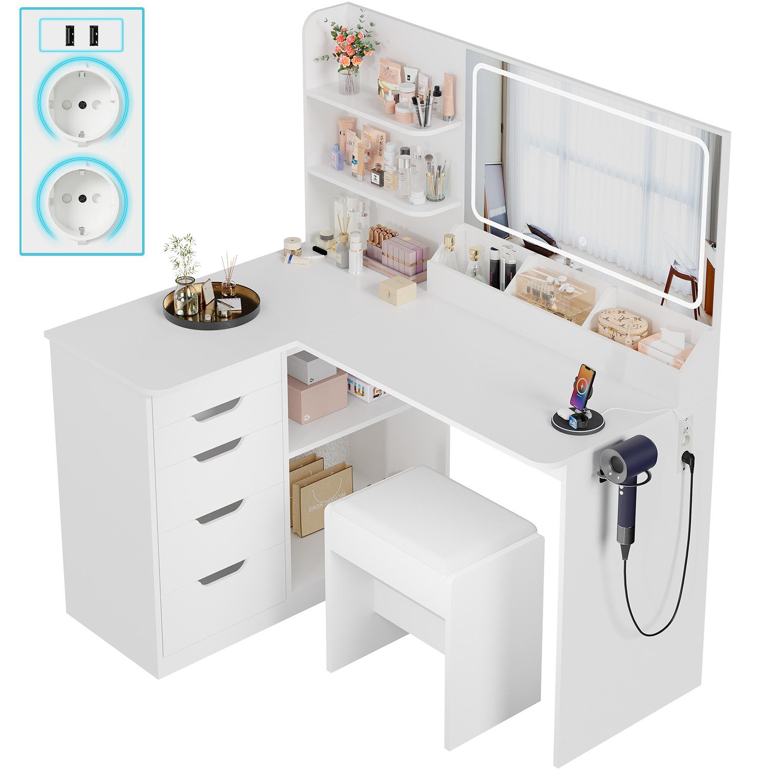 HOMALL Schminktisch Mit Stuhl und dreifarbigem LED-Spiegel, Helligkeit einstellbar (Extra groß: 120 x 80 x 136 cm 2 Steckdosen + 2 USB-Anschlüsse Mit 5 Schubladen + 8 Ablagefächern Für Ihr perfektes Make-up-Erlebnis)