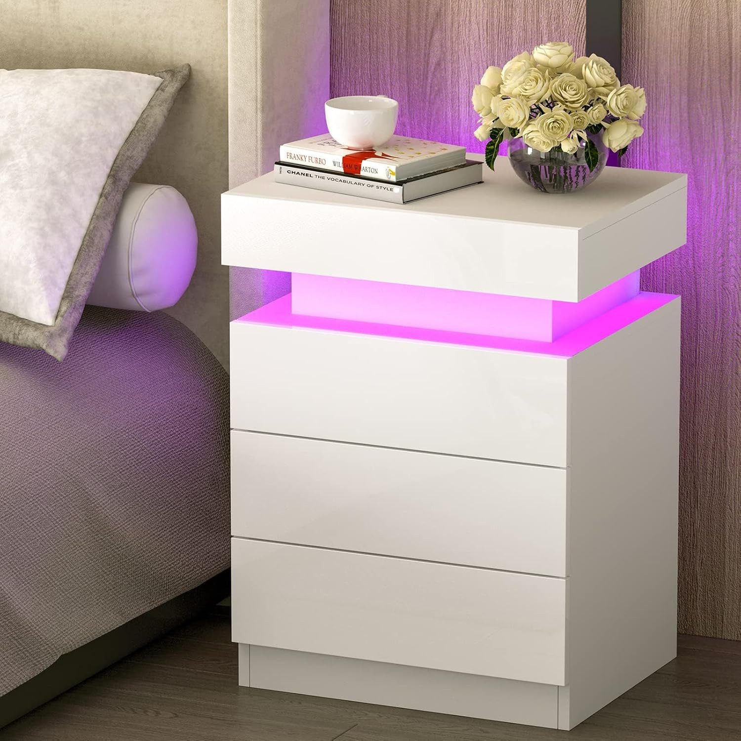 oyajia Nachttisch Hochglanz Nachtschrank mit 2 Schubladen,LED-Beleuchtung 16 Farben (Nachttisch mit LED Streifen, Beistelltisch), Nachttisch mit einstellbare Farben,Sofatisch, 45x35x55 cm Schwarz/Weiß