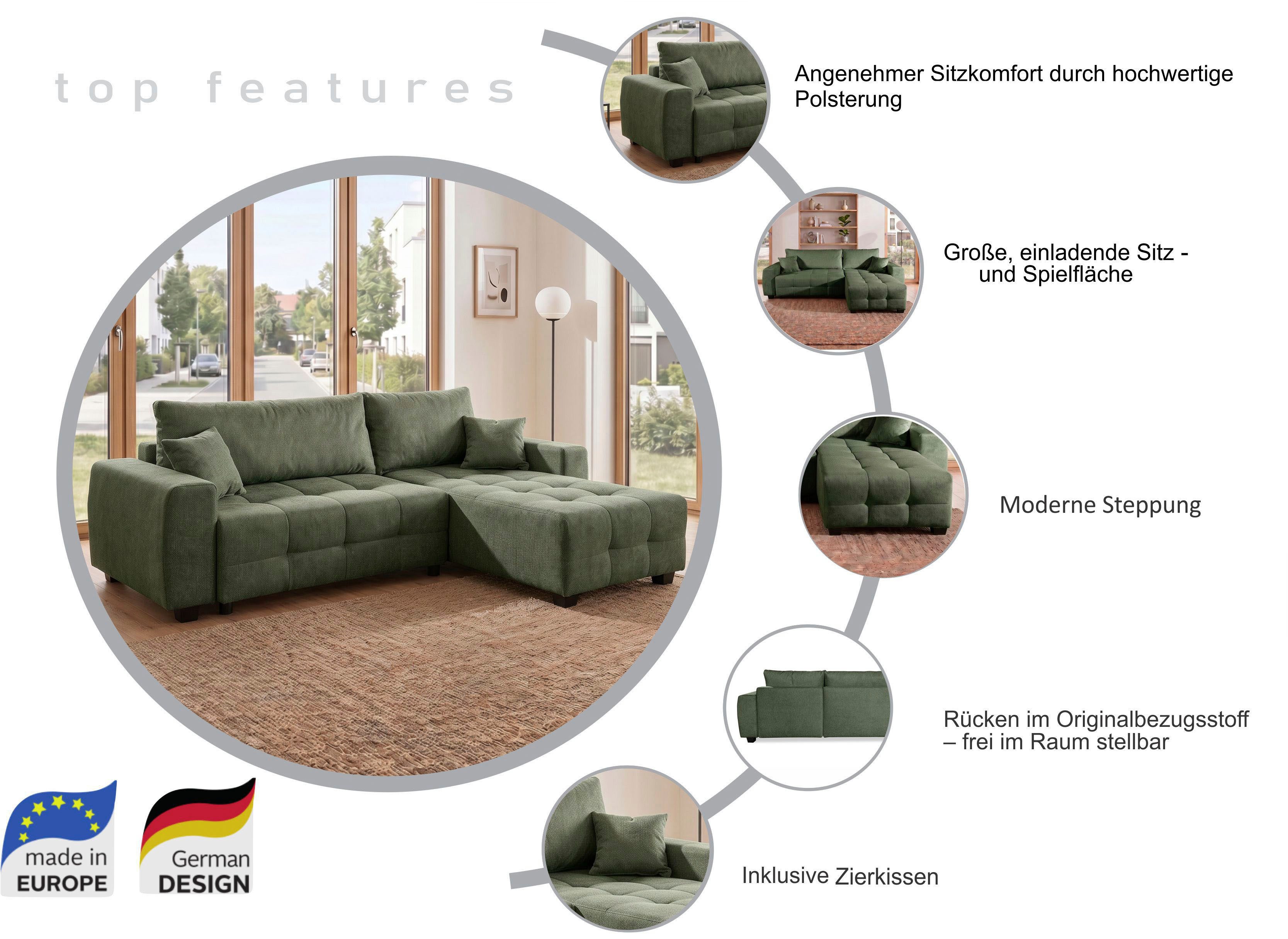 OTTO home Ecksofa Bella Couch L-Form, B: 234 cm - OTTO. Verlässliche Qualität., optional Schlaffunktion & Bettkasten, mit Zierkissen