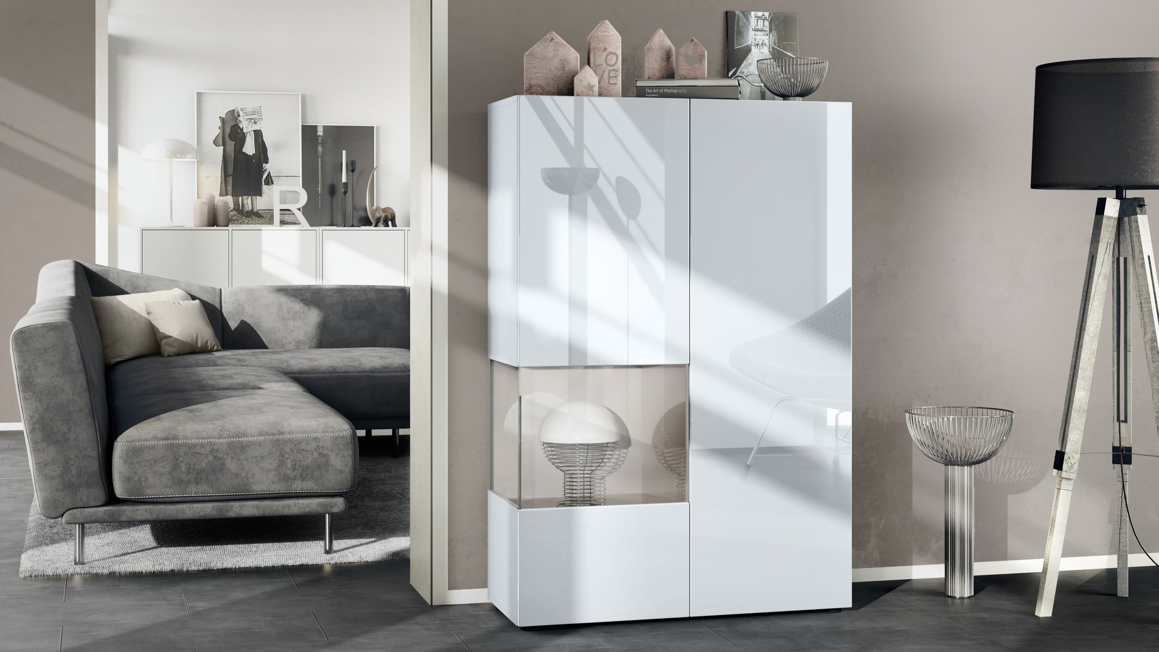 Vladon Standvitrine Morena V2 (Standvitrine, mit 2 Türen und Glaseinsatz) Weiß matt/Weiß Hochglanz/Sandgrau Hochglanz (91,5 x 136,5 x 37 cm)