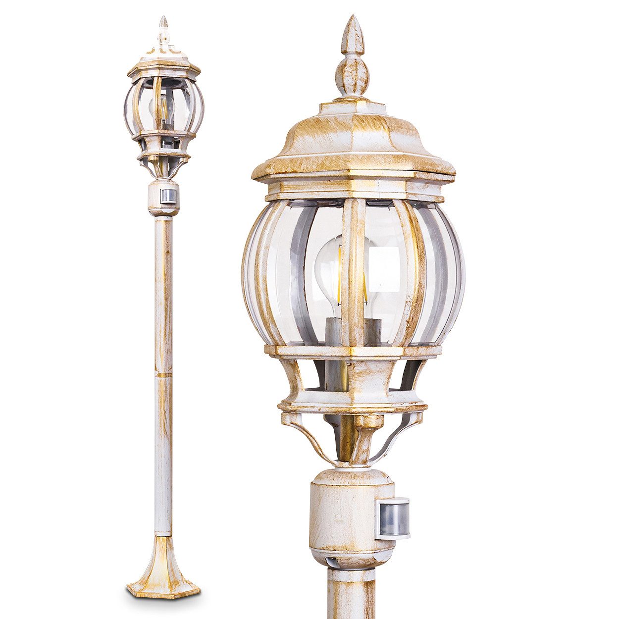 hofstein Außen-Stehlampe »Meyen« Außenleuchte, Aluguss in Weiß/Gold mit Kunststoff-Scheiben, ohne Leuchtmittel, Gartenlampe, E27, IP44 m. Bewegungsmelder