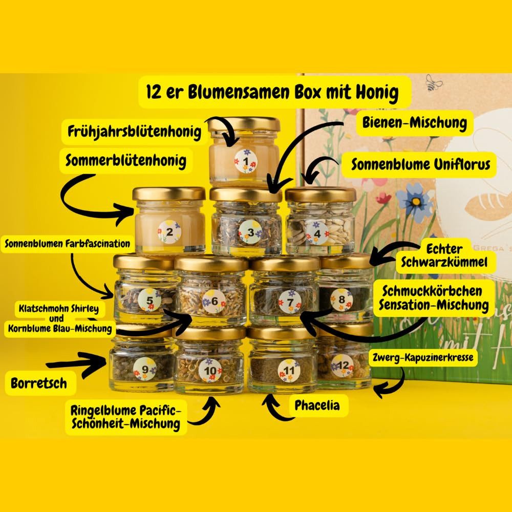 Grega´s Imkerei Blumensamen Blumensamenbox mit Honig Geschenkset 12-teilig, für Bienen, Schmetterlinge & co. Inkl. 2 Honige, 10 Saaten & Buch