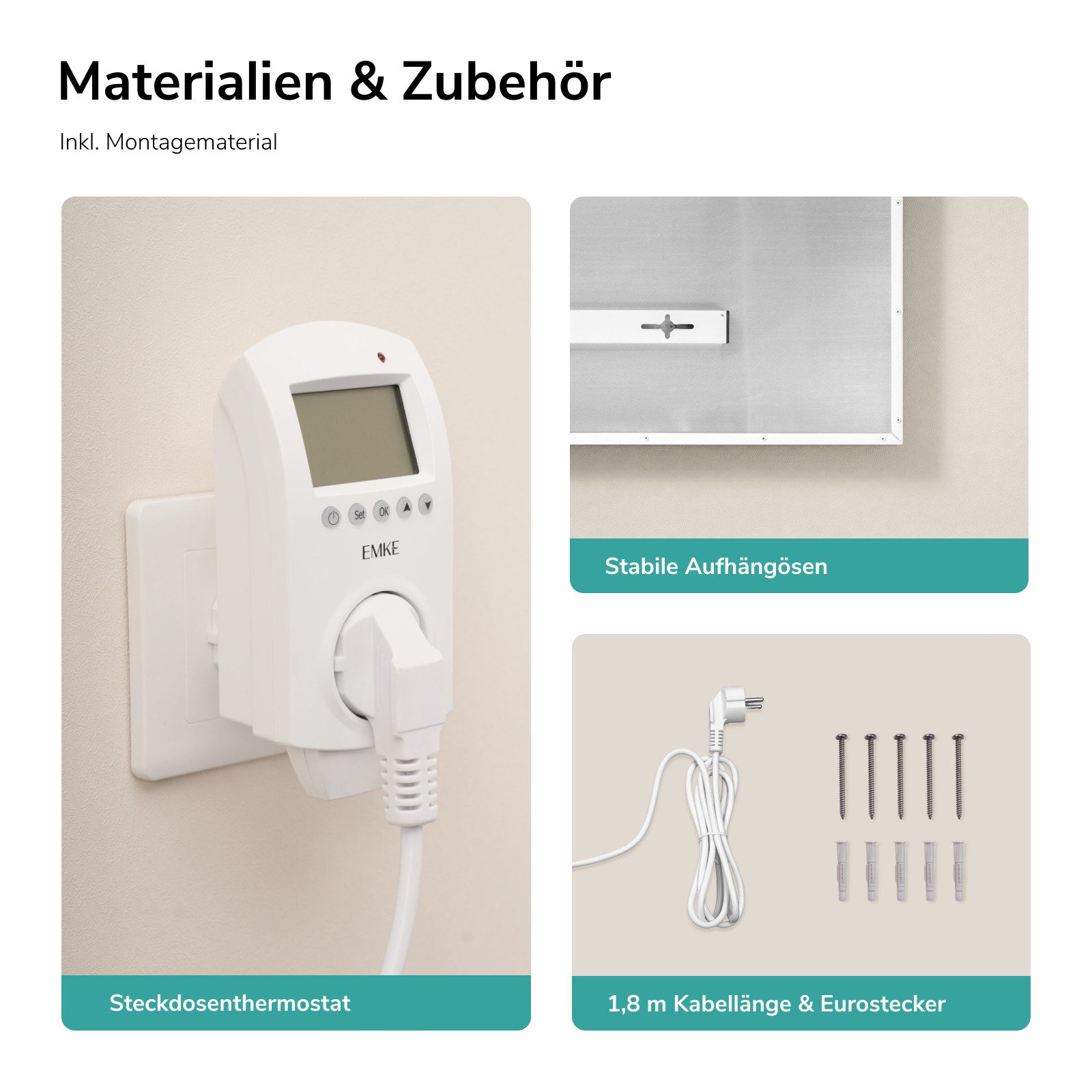 EMKE Infrarotheizung Elektroheizung, mit WLAN Smart Thermostat, App-Steuerung, 1200 W, Wandmontage, Überhitzungsschutz, Infrarot-Heizung – Bild 5 von 5