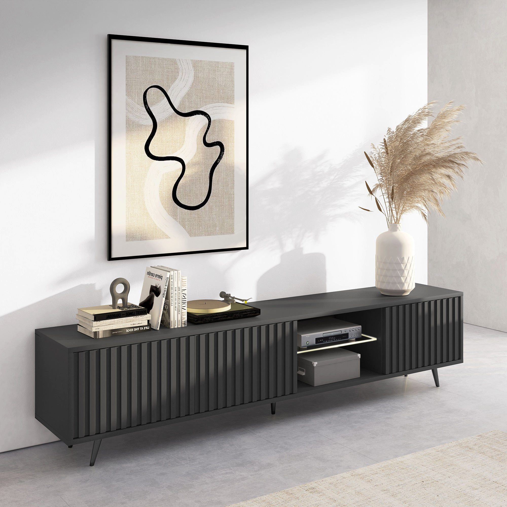 Selsey TV-Schrank BELLO mit schwarzen Füßen, Lamellenfronten und LED, 175 cm