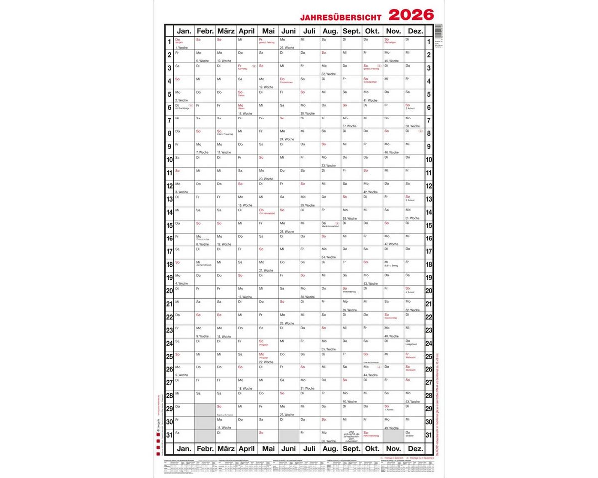 Thumbnail - GÜSS Kalender Jahresplaner Jahresübersicht A1 hoch 12 Monate im Versandrohr Kalendarium 2026