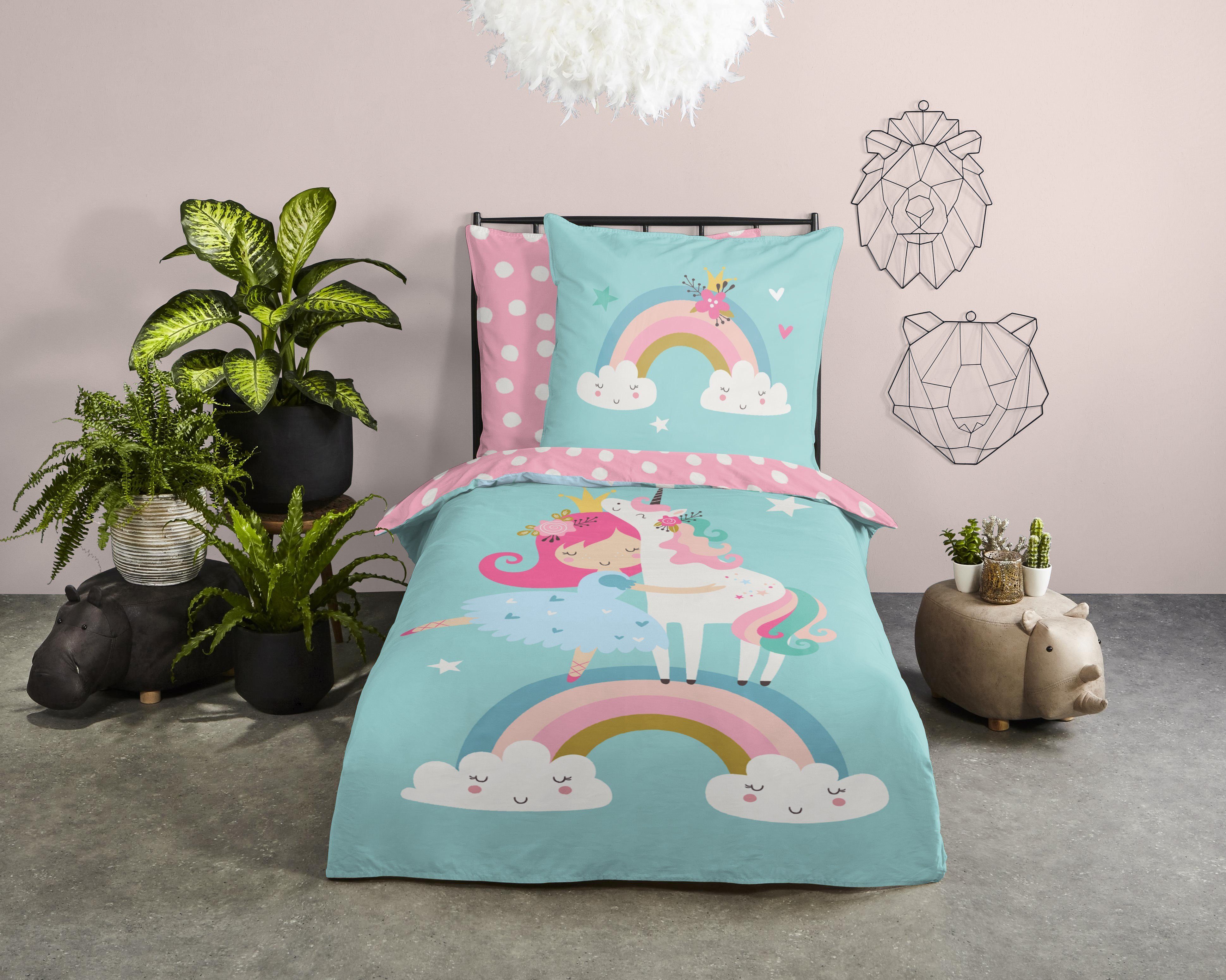 Bettwäsche Einhorn Regenbogen Prinzessin hellblau rosa, soma, Baumolle, 2 teilig, Bettbezug Kopfkissenbezug Set kuschelig weich hochwertig