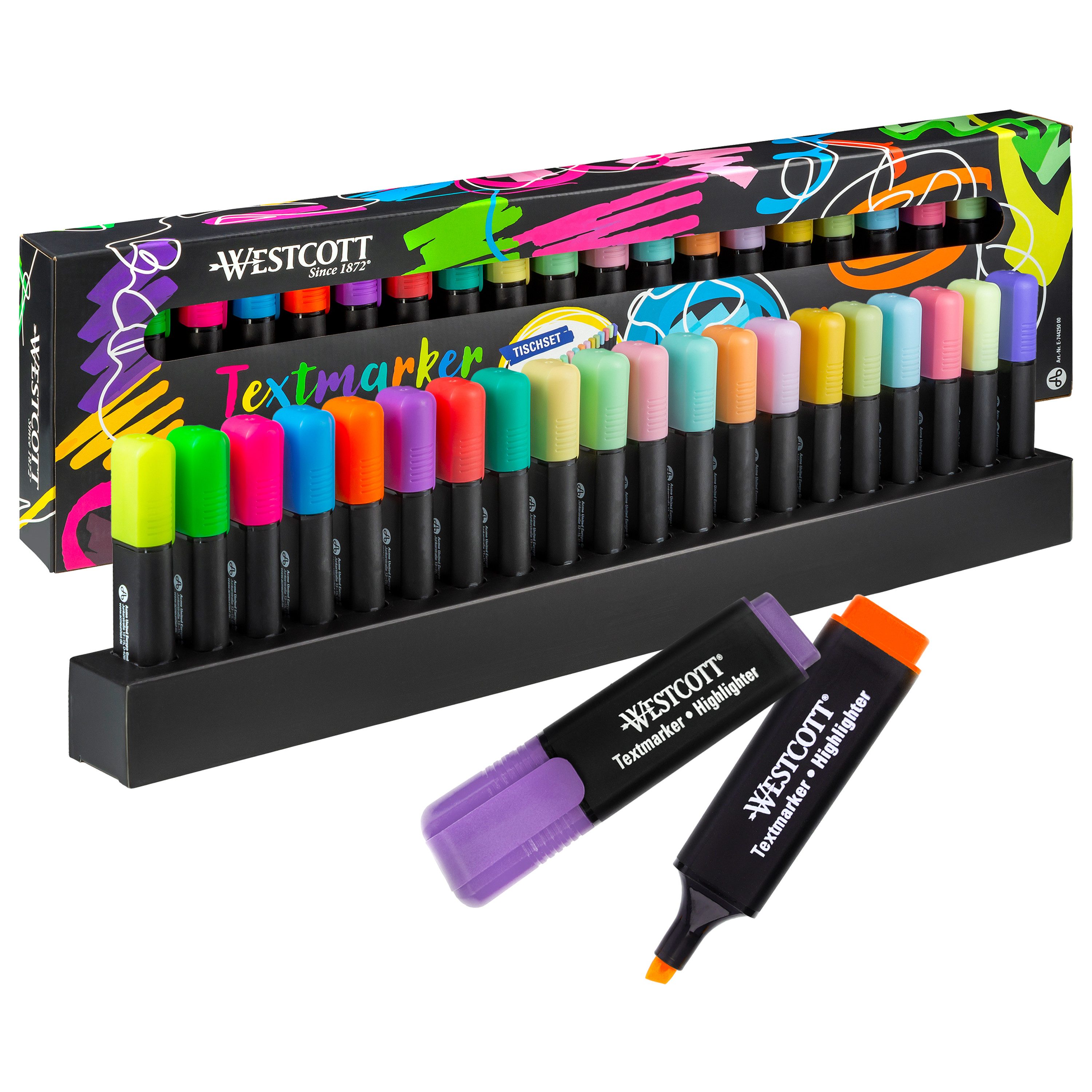 WESTCOTT Marker Tischset 20 Stück Neon & Pastell, Textmarker Highlighter in Halterung, (Vorteilspack, 20-tlg), 2-5 mm Strichstärke, Premium Tinte aus Deutschland