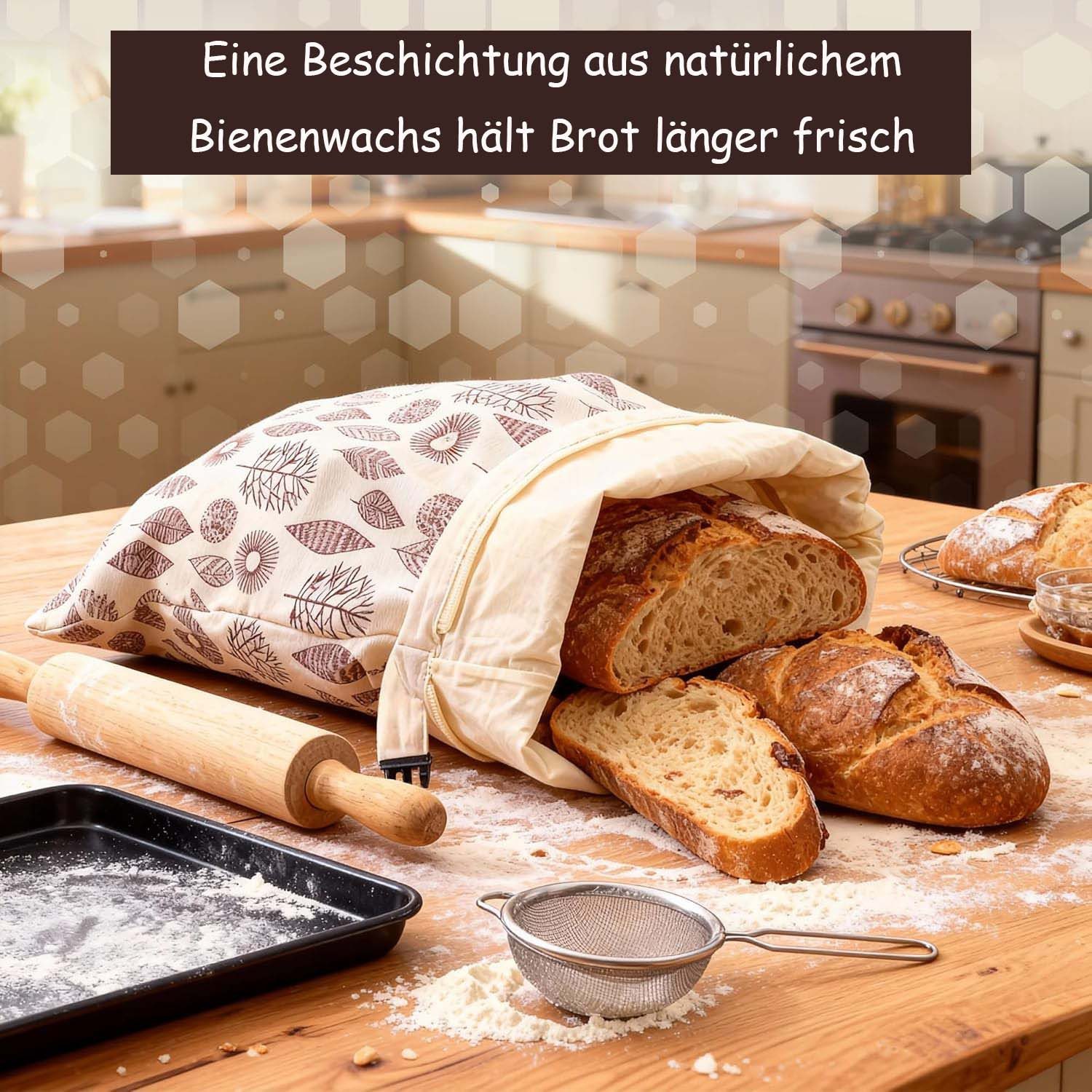 Agger Brottasche 2er Wiederverwendbare Bienenwachs Brotbeutel 43cm×33cm, (2-tlg)