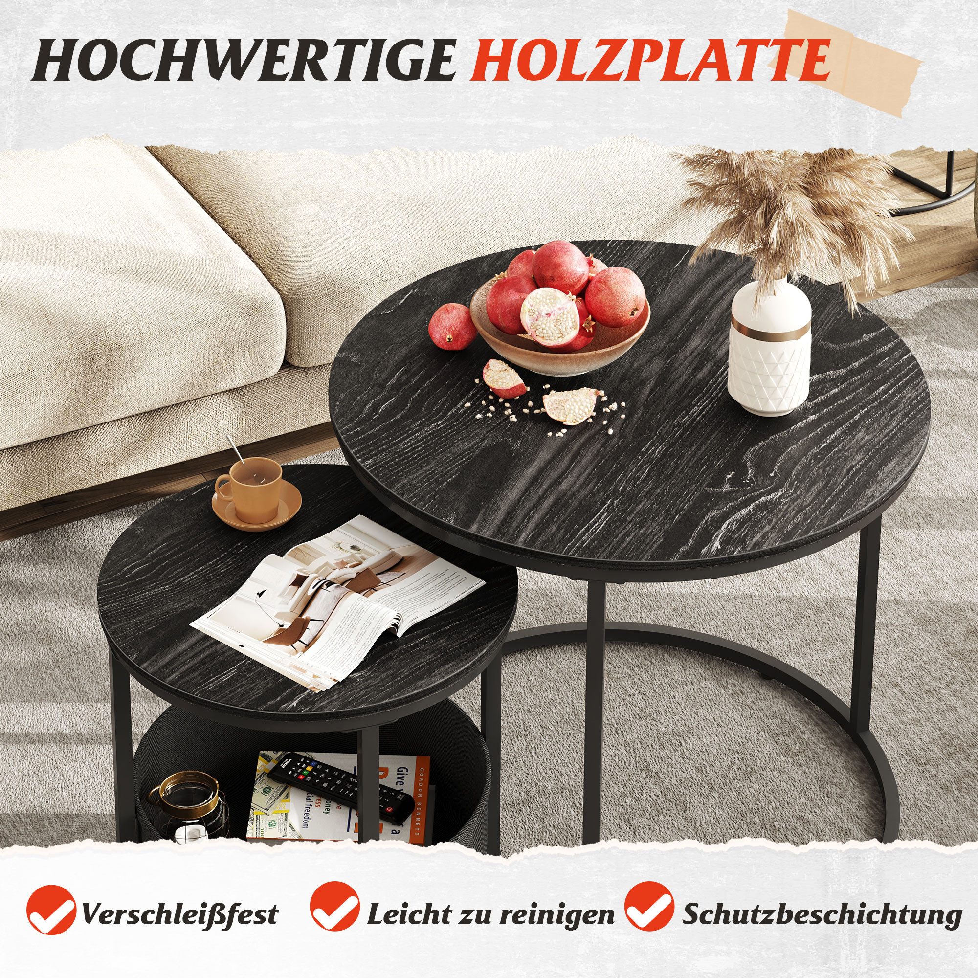 WLIVE Couchtisch Couchtisch 2er‑Satztisch rund mit Stauraum, (Beistelltisch mit Stoffkorb & Metallgestell, Holzoptik, 2er Set), 2 in 1 Verschachtelung – Bild 4 von 5