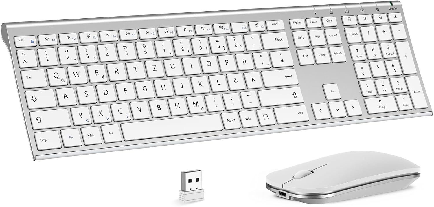 Seenda KS15F 2.4G Ultraflach Wireless Tastatur und Maus Aufladbar Tastatur- und Maus-Set, (aus Aluminium), Funktastatur Dünn für Windows/PC, Computer, Laptop