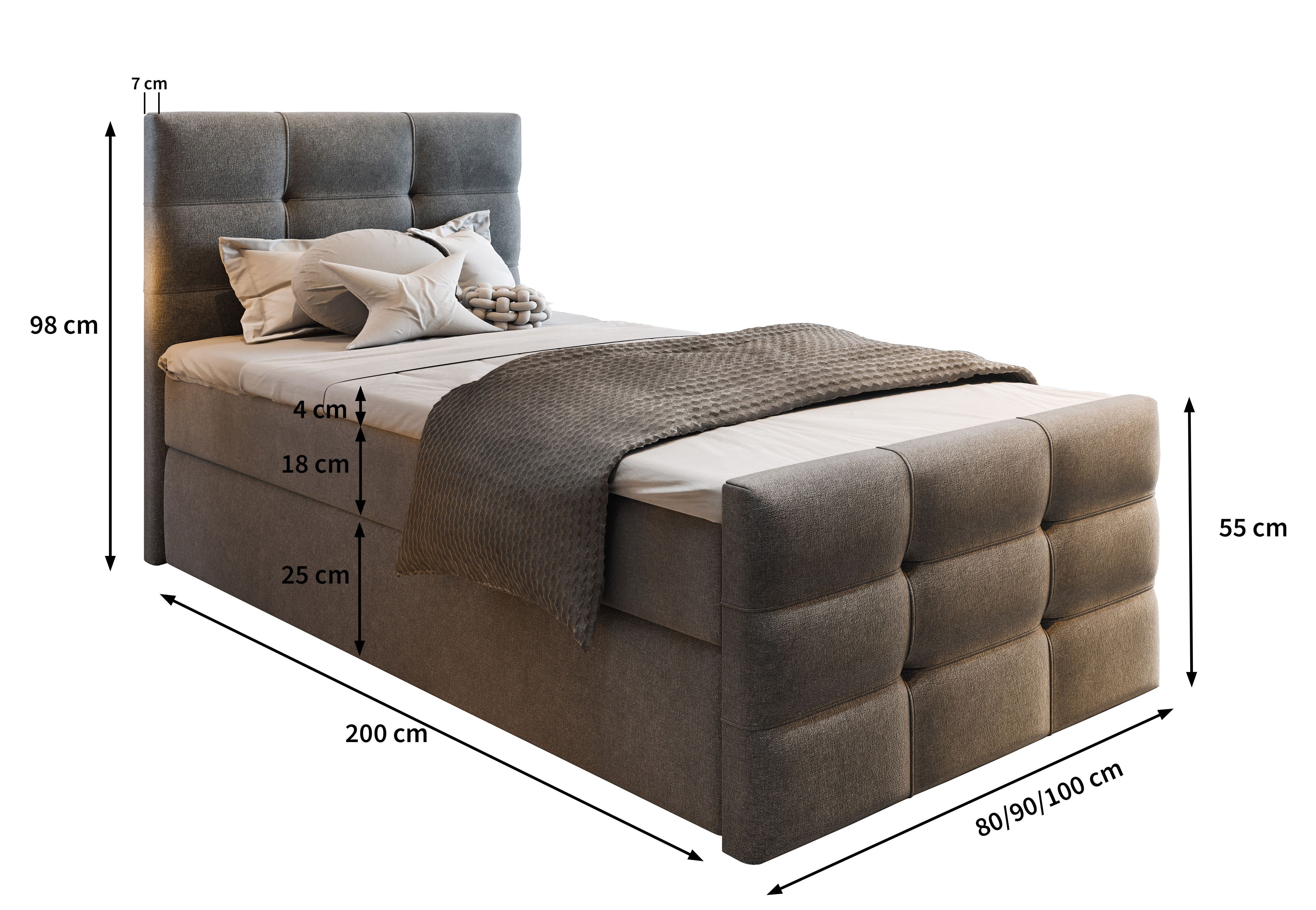 Masseno Boxbett AMON 80x200 cm mit Bonell Matratze und Topper, Einzelbett, Jugendbett, Polsterbett mit Kopfteil, Boxspringbett – Bild 4 von 5
