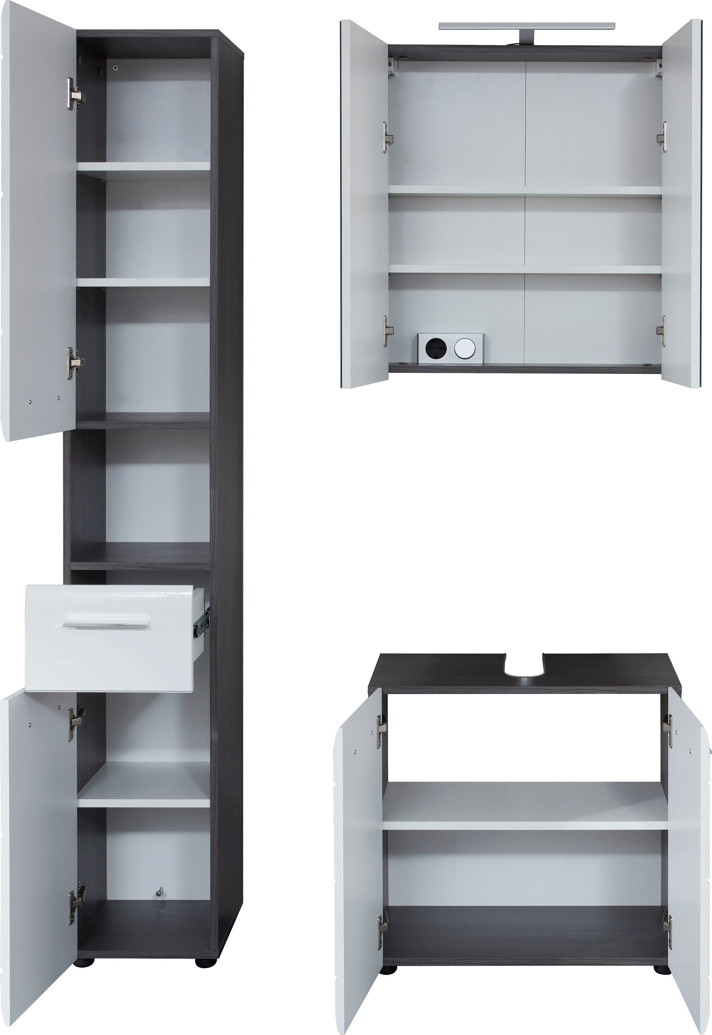 welltime Badmöbel-Set Sovana, (Set, 3-St), Hochschrank, Waschtisch und Spiegelschrank mit Beleuchtung