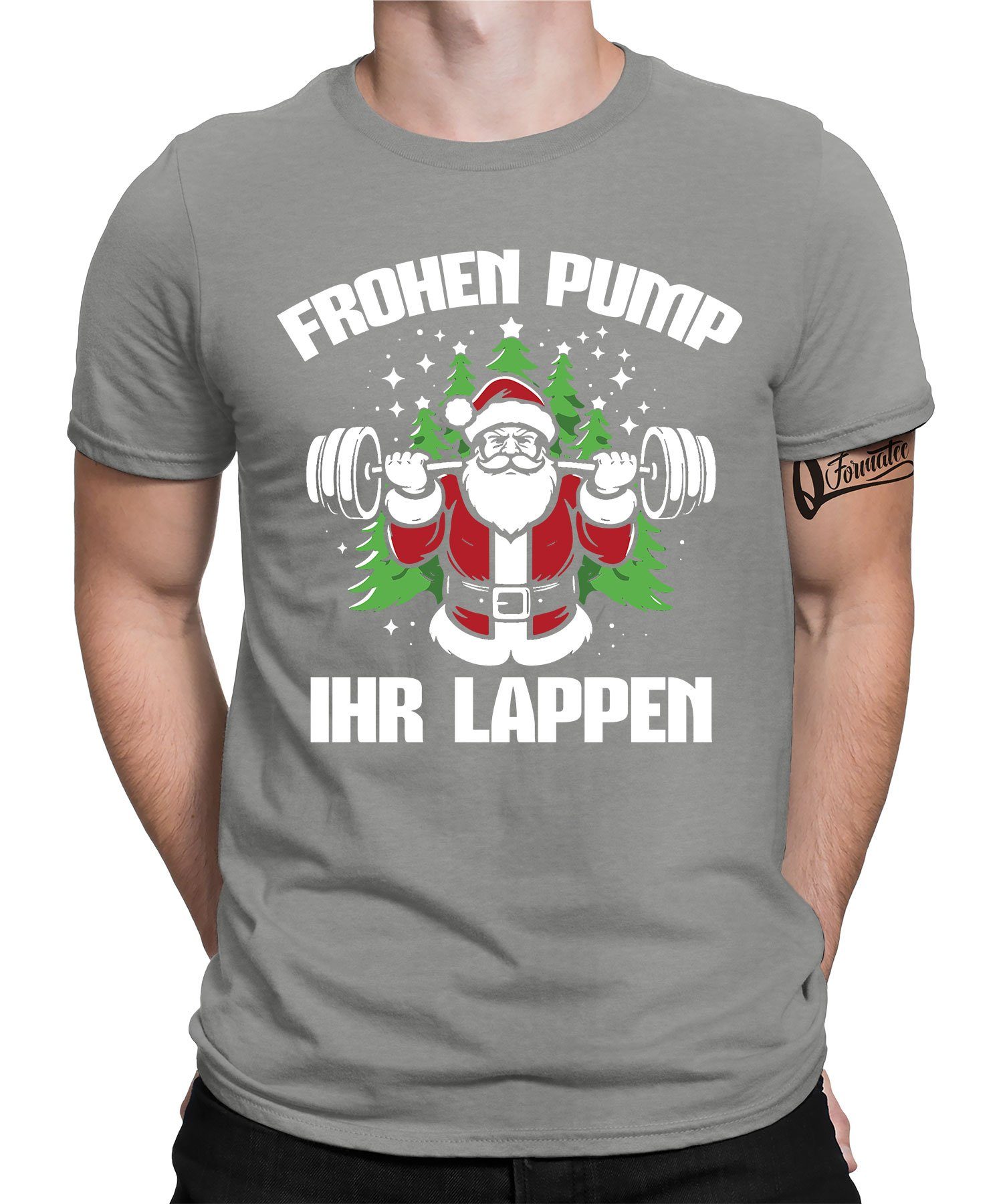 Quattro Formatee Kurzarmshirt (1-tlg) Weihnachten Grau ihr Heather Frohen Herren Christmas Pump - Lappen X-mas T-Shirt