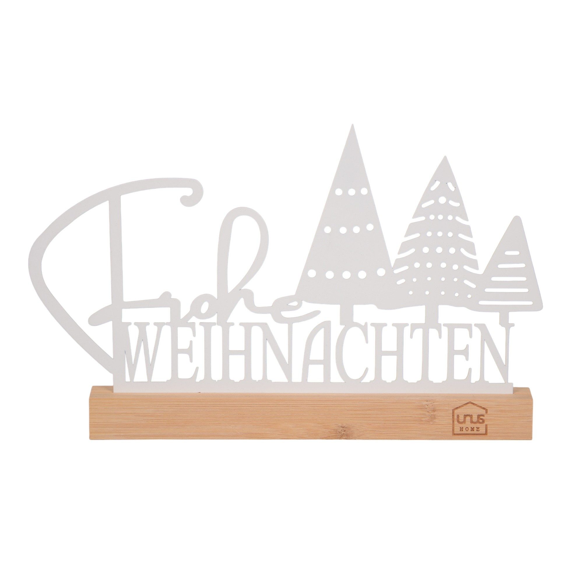UNUS HOME Dekofigur Aufsteller "Frohe Weihnachten" mit Tannenbäumen weiß (ca. 25 cm breit, 28,5 cm hoch, 2,5 cm tief), Weihnachtsdeko, Metallaufsteller, Tannen,Dekokranz