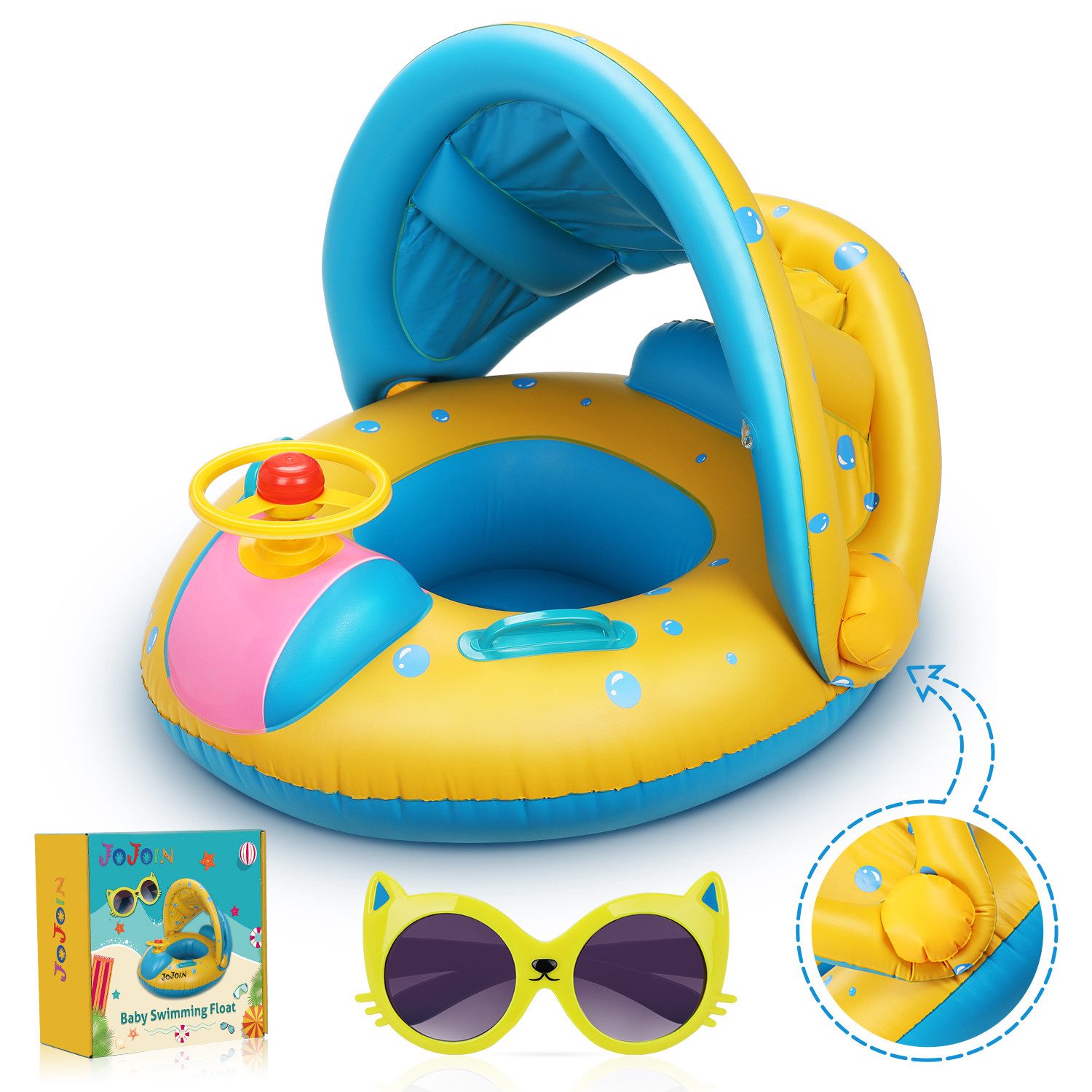POPOLIC Schwimmhilfe Baby Schwimmring - Aufblasbare Baby Schwimmen Float Ring (mit Langlebigen Süßen Katzensonnenbrillen und Abnehmbarem Sonnendach für Kleinkinder, 1-tlg)
