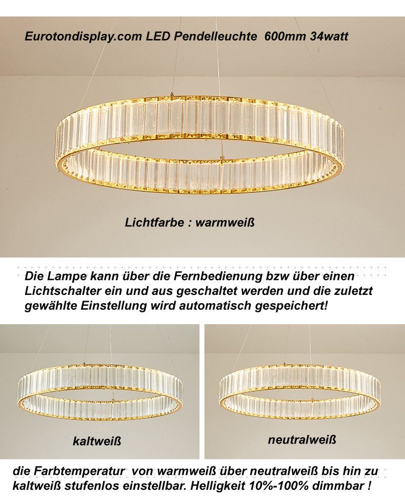 Euroton LED Pendelleuchte LED Pendelleuchte große Kristall Fernbedienung Lichtfarbe einstellbar, LED fest integriert, mit Fernbedienung Lichtfarbe einstellbar k – Bild 4 von 5