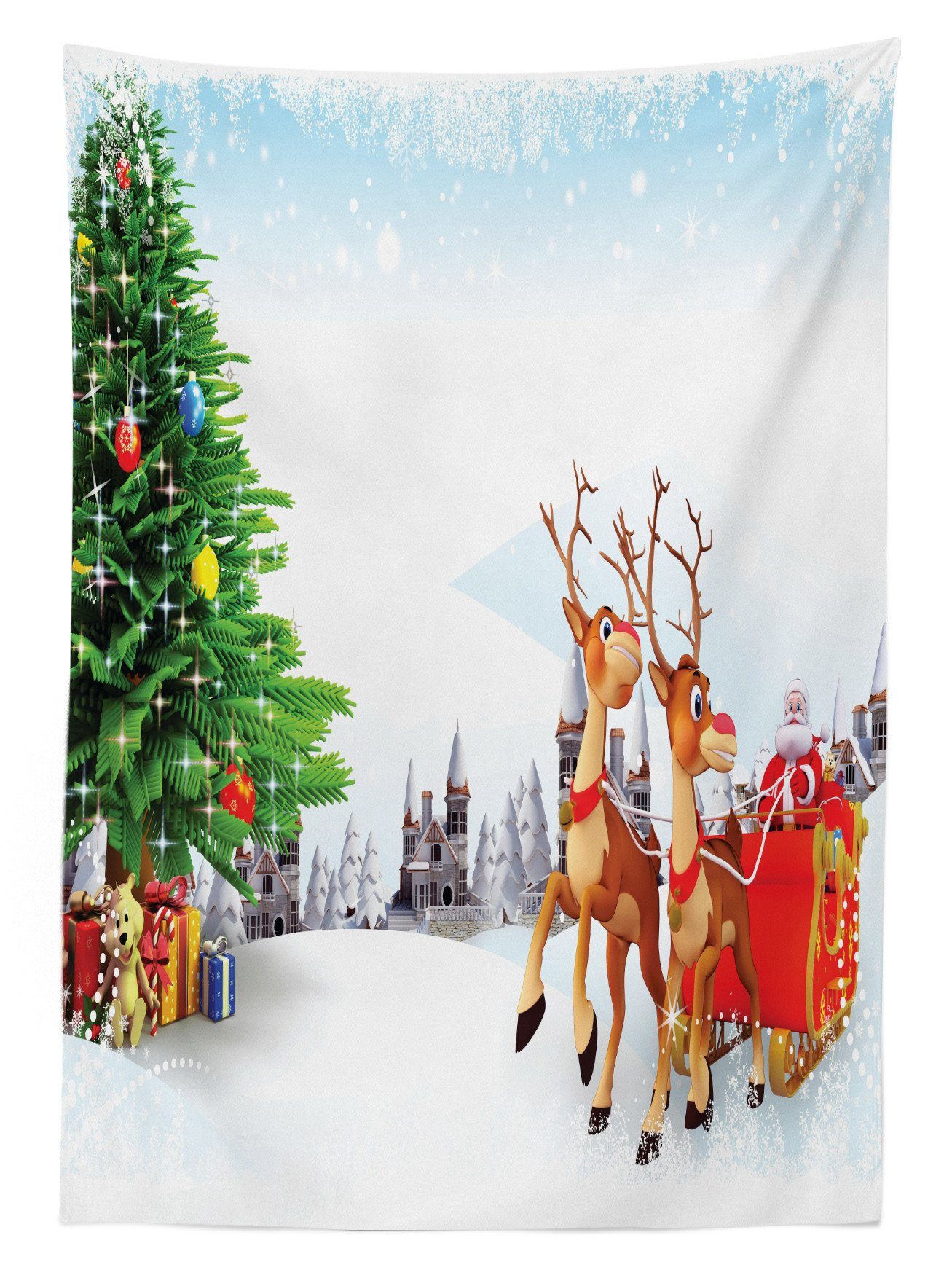 Snowy Baum Sleigh Weihnachtsmann Bereich Waschbar geeignet Tischdecke Farbfest Klare Außen Für den Farben, Abakuhaus Dorf