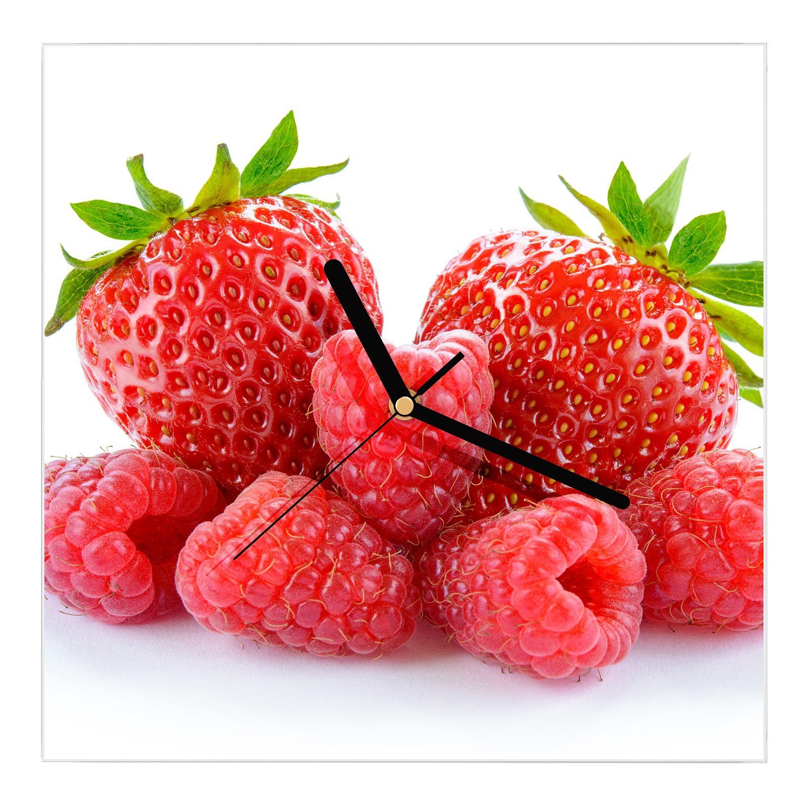Erdbeeren und mit 30 30 Himbeeren Größe Motiv x cm Wanduhr Primedeco Wandkunst Glasuhr Wanduhr