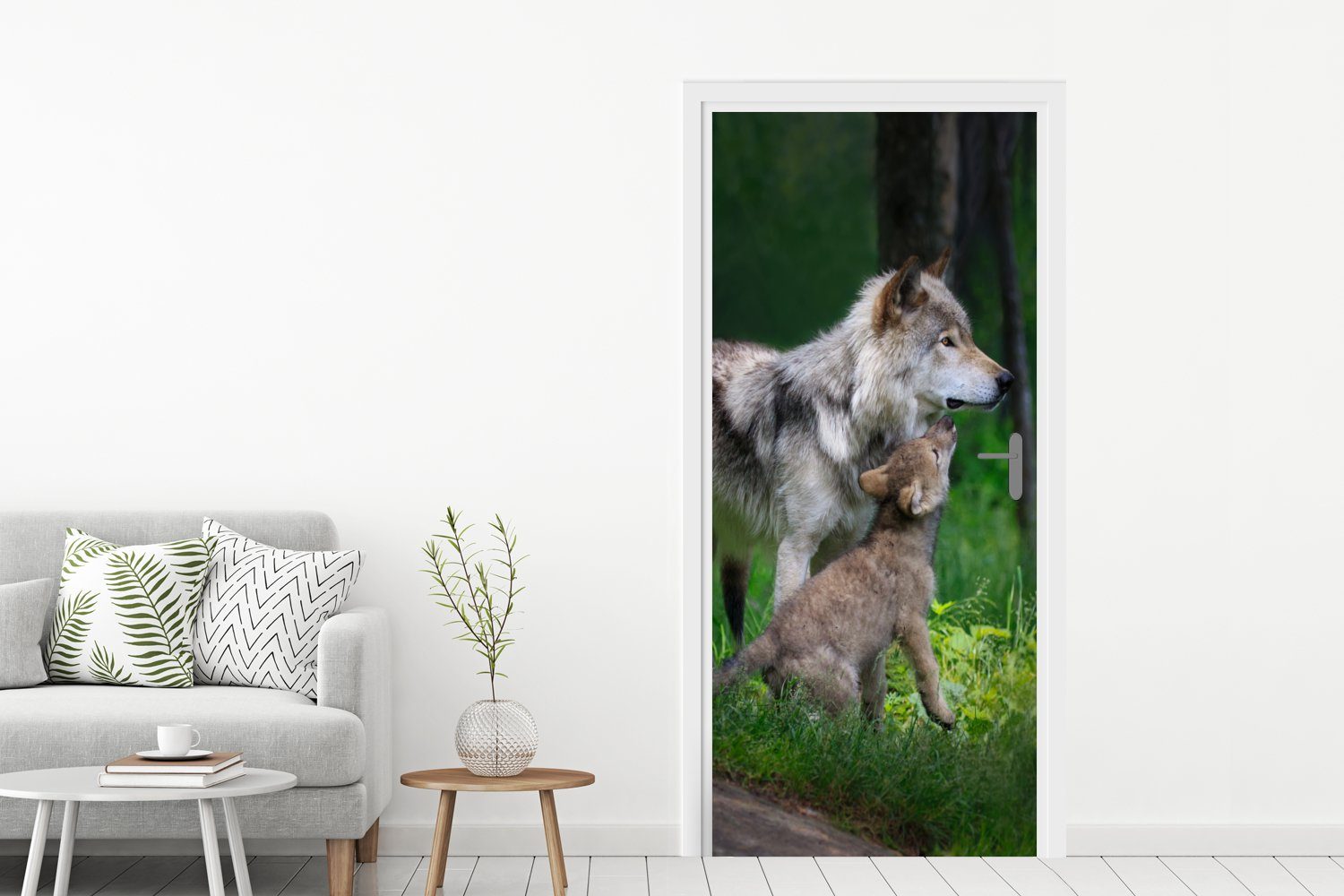 bedruckt, Fototapete Wolf - Türaufkleber, Wald, Türtapete Matt, (1 Baby für cm MuchoWow Tür, 75x205 - St),