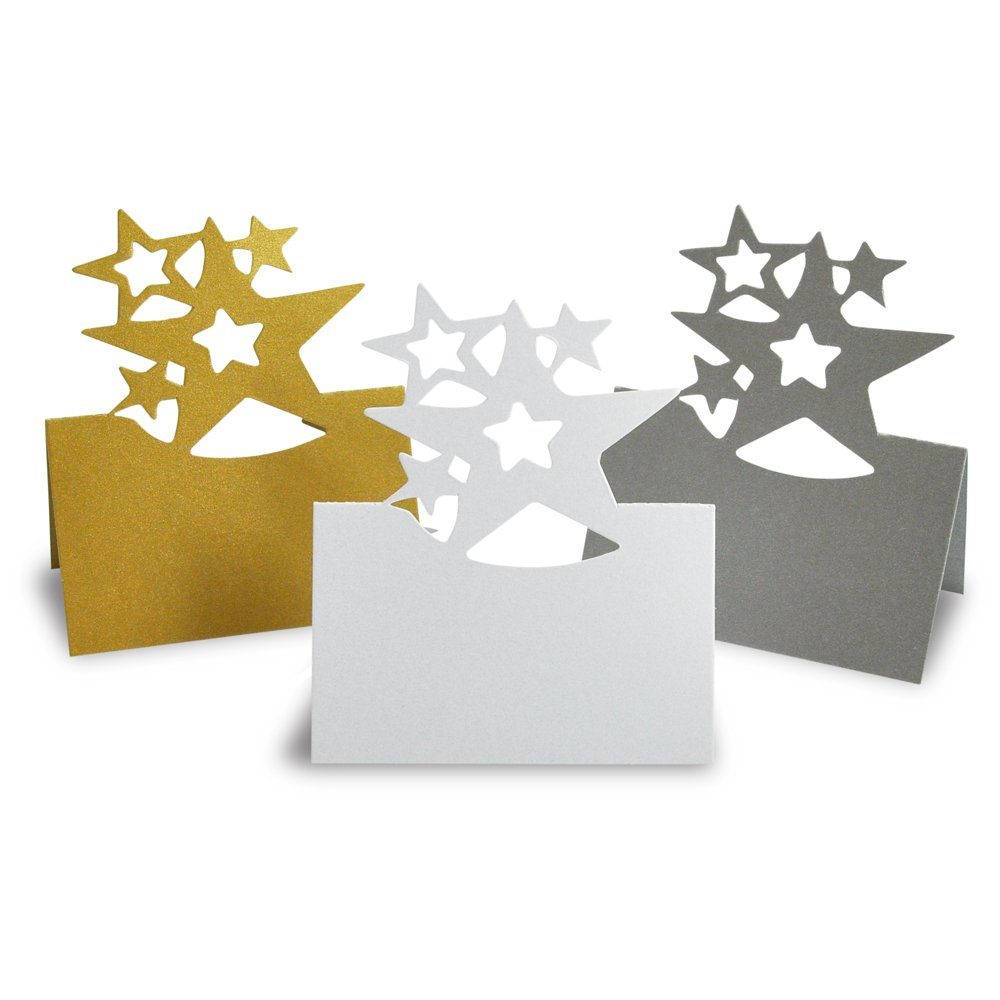Tischkarten Silber - Konfetti Sterne, Hobby Stk. 12 70x45mm, MEYCO